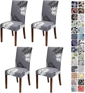 JOTOM Housse de Chaise 4/6 Pièces Couverture de Chaise Universelle Facile à Nettoyer et Durable pour Hôtels, Fêtes, Maison, Restaurants, Cuisines (Feuille Blanc Grise, 4 pièces)