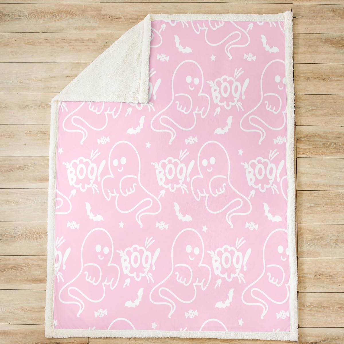 Feelyou Halloween Cartoon Ghost Sherpa Blanket Decoration for Kids Boys Girls Pink Fuzzy Blanket for Sofa Bed Couch Ghost Festival Themed Throw 50x60 Inches