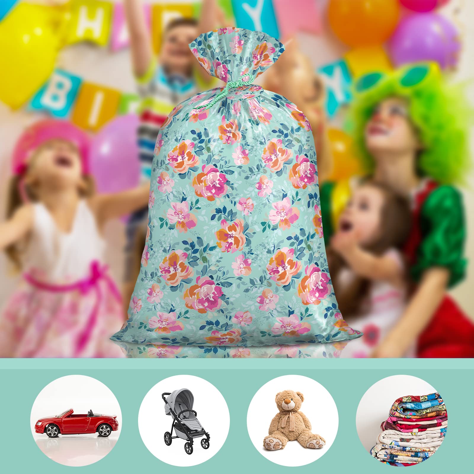 Fulmoon 4 Pack Jumbo Gift Bags - 48"x36" Extra Large Plastic Wrapping Bags With Pull Flowers (Pink & Gold)