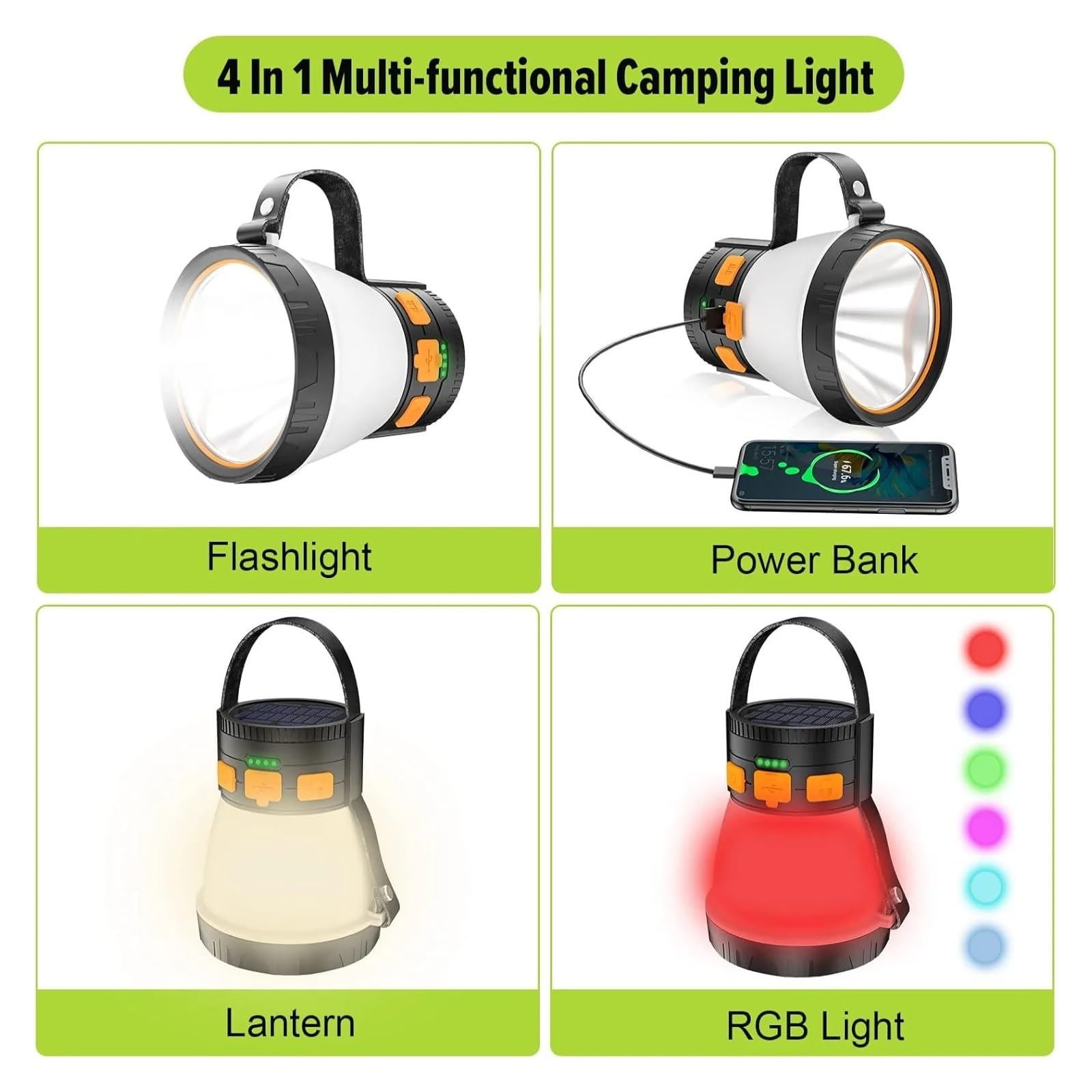 Lanterna da campeggio a LED, lanterna da campeggio ricaricabile da 1500 lumen con pannello solare, impermeabile, 8 modalità di illuminazione, power bank da 7500 mAh, torcia da campeggio for emergenze