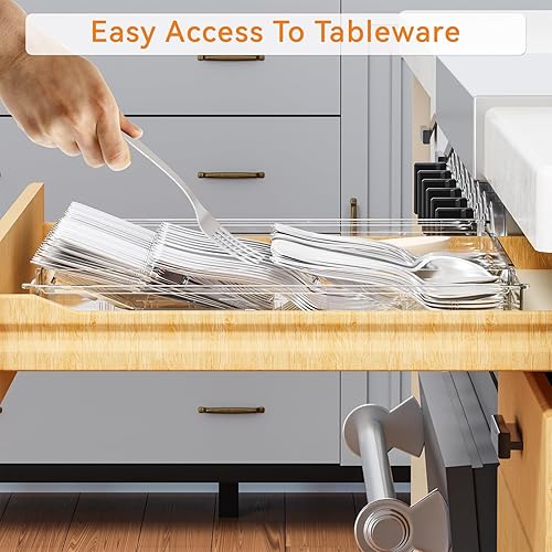 Miniatura 8 de Organizador grande de cubiertos expandible, ajustable de 11 a 21.3 pulgadas, espátula, dispositivo, cuchillo, cubiertos, cucharas y tenedores,