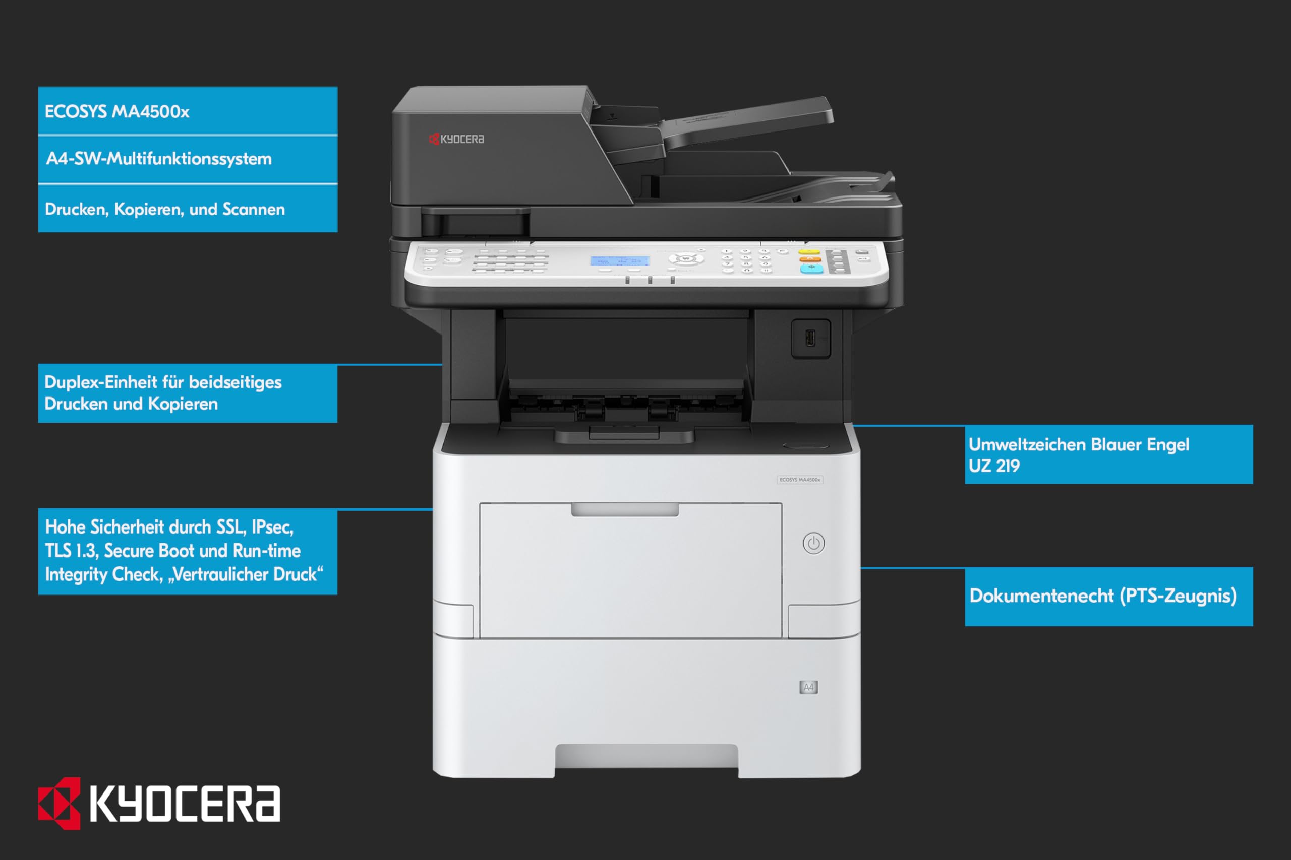Kyocera Ecosys MA4500x Multifunktionsdrucker Schwarz Weiss, Duplex-Einheit, 45 Seiten pro Minute Drucker Scanner Kopierer, 100+500 Blatt Zufuhr, Gigabit LAN, Mobile Print