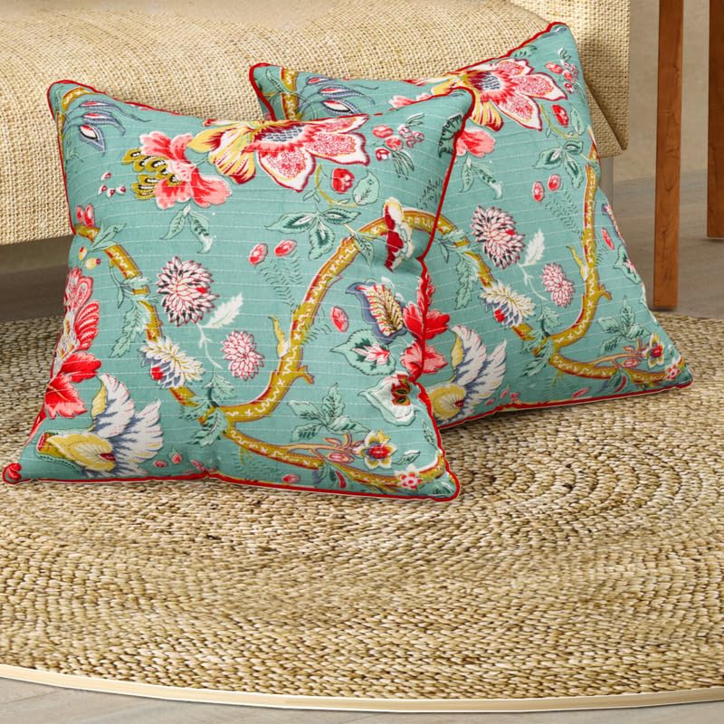 Image of Pure Cotton Quilted Cushion Cover 16x16 Inch | Anokhi Print Decorative Throw Pillow Cover | Soft Cotton Sofa Cushion Cover with Hidden Zipper | Living Room Bedroom Home Decor