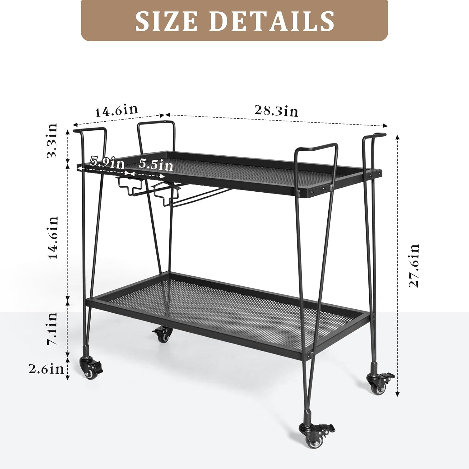 2-Tier Rolling Bar Cart with Wine Glass Rack, Black Metal Mesh Design, Mobile Storage Trolley with 4 Universal Wheels (2 Lockable for Safety), Handle on All Sides, 28.3x14.6x27 Inches