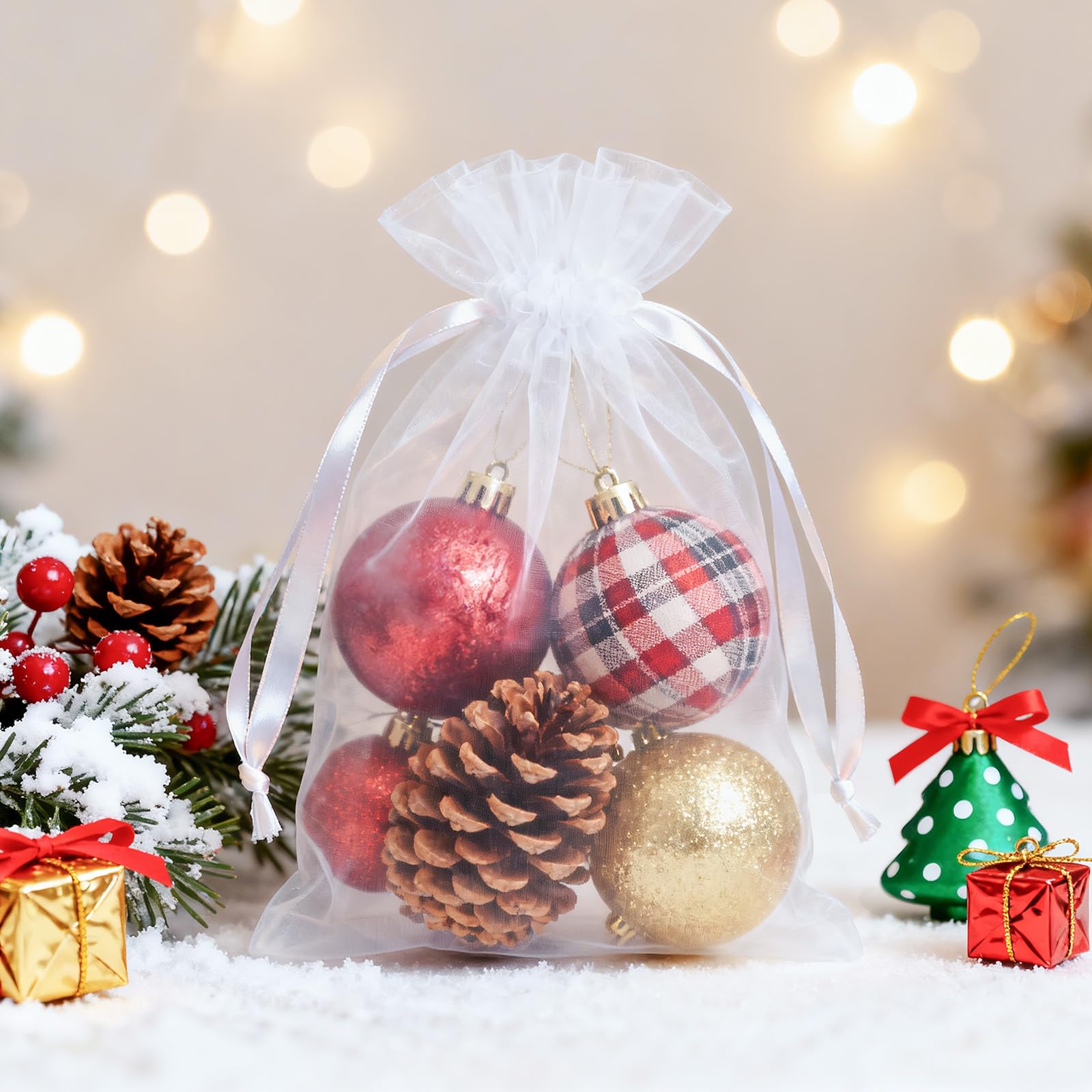 50 Stück weiße Organza-Geschenktüten, 10.2x15.2 cm, atmungsaktive Aufbewahrungstasche mit Kordelzug, durchsichtige Netzbeutel für Hochzeiten, Schmuck, Festivals, Make-up, Süßigkeiten, Desserts