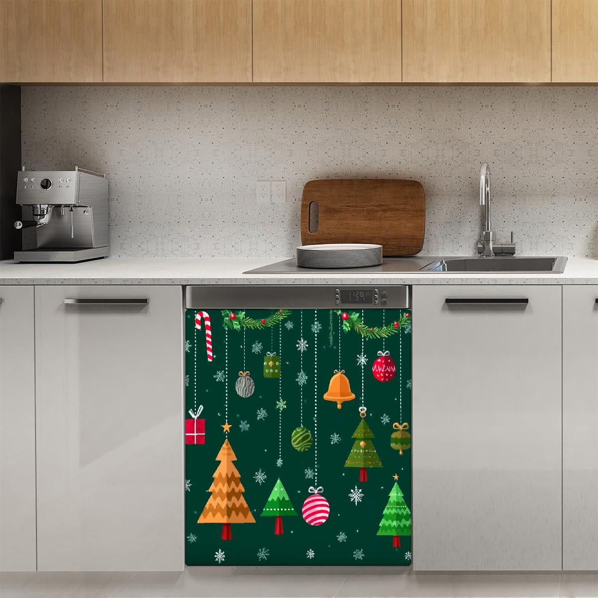 Mexpekil Adesivo decorativo per lavastoviglie con albero di Natale da appendere, 58 x 66 cm, adesivo decorativo per lavastoviglie per porta d'ingresso, impermeabile, pannello per elettrodomestici da
