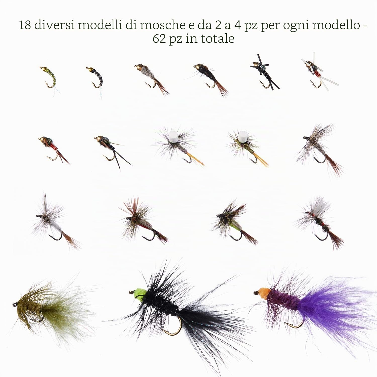 BASSDASH Mosche da pesca a mosca con ganci spinati o senza ardiglione 32/60/62 pezzi includono mosche bagnate asciutte ninfe filanti per pesca