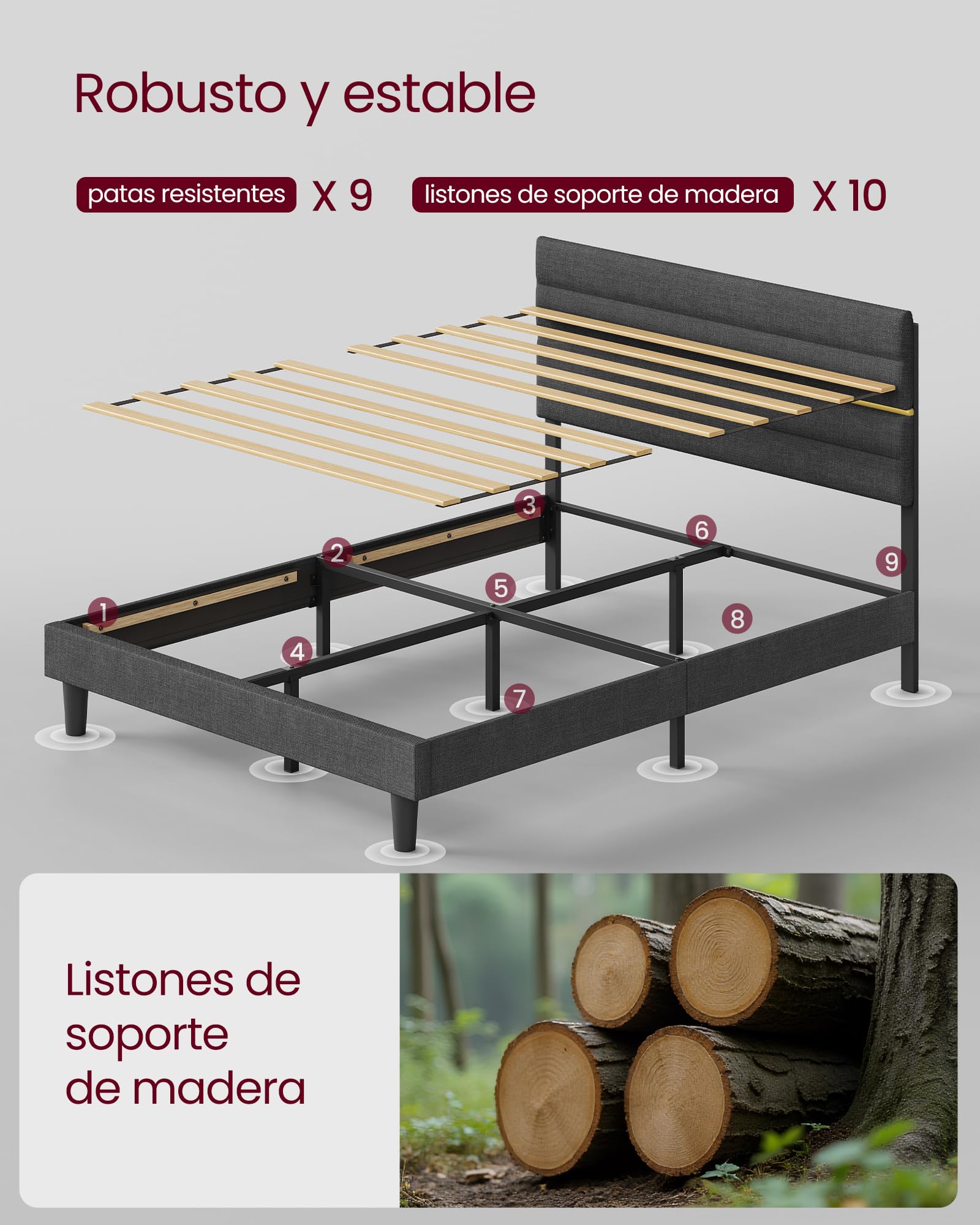 VASAGLE Marco de Cama Matrimonial, Marco para Colchón de 135 x 190 cm, Cabecero Acolchado Ajustable, Metal y Madera, Estilo Moderno, Gris Pizarra RMB506GN01