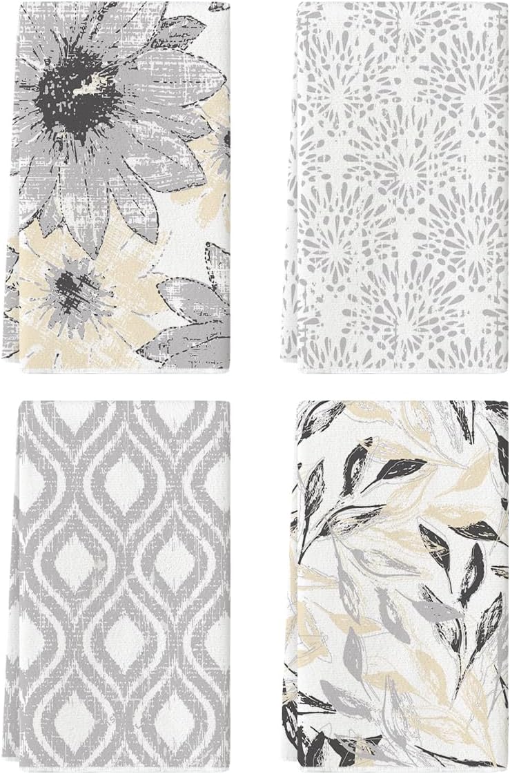 Artoid Mode Silver Floral Leaves Boho Kitchen Towels Dish Towels, 18x26 Inch Seasonal Decoration Hand Towels Set of 4
