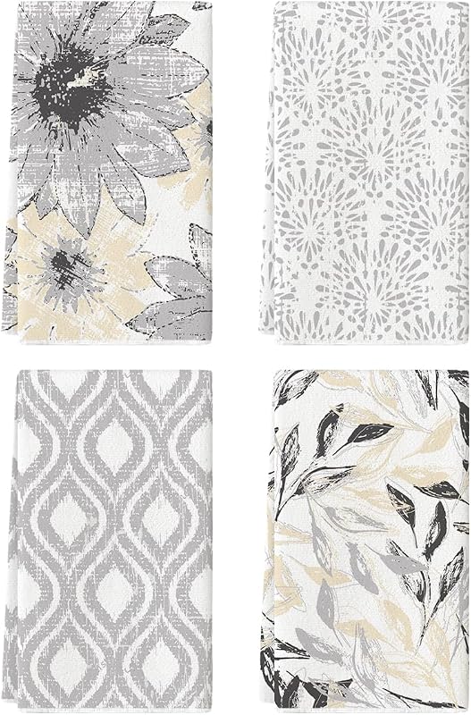 Artoid Mode Silver Floral Leaves Boho Kitchen Towels Dish Towels, 18x26 Inch Seasonal Decoration Hand Towels Set of 4
