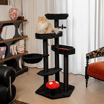 Happy & Polly Multi-Level Gothic Cat Tree with Coffin Bed - 52.6" Black Cat Tower with Soft Mats Red Red, Extra Large