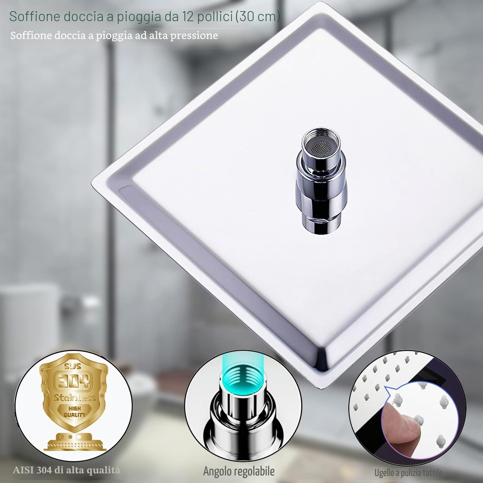 Soffione Doccia a Pioggia 30cm Quadrato Doccia Fisso in Acciaio inox 304 Silicone Anti-Blocco Soffione Doccia Doccia da Bagno Ultra Sottile Facile da Pulire e Installare