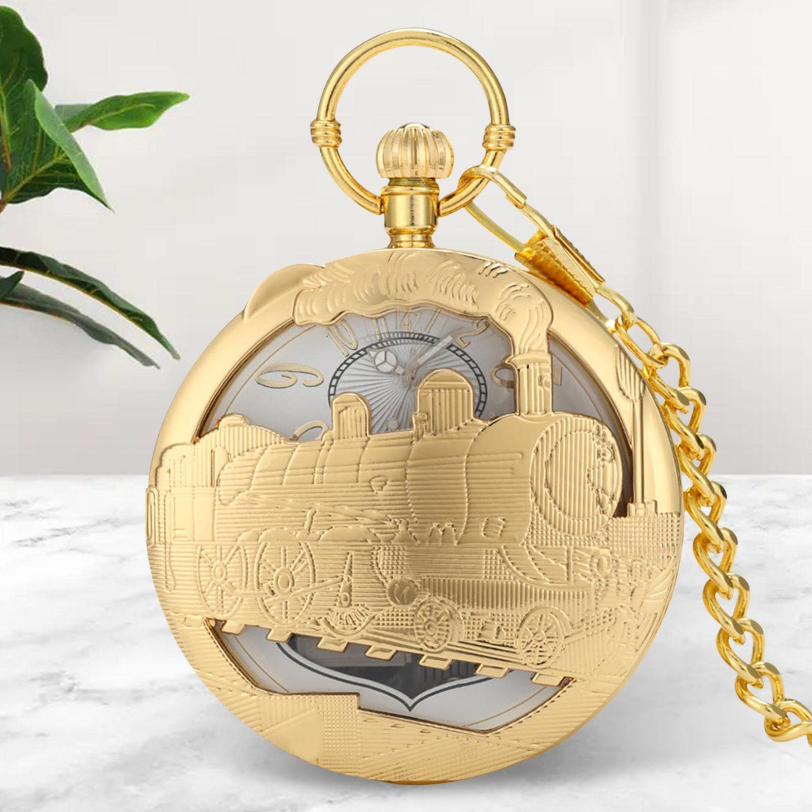 Musical Reloj de Bolsillo Coleccionable Vintage con Movimiento de y Cadena Caja Musical Retro Grabada Accesorio Único para Hombre Mujer, tren de oro, unico