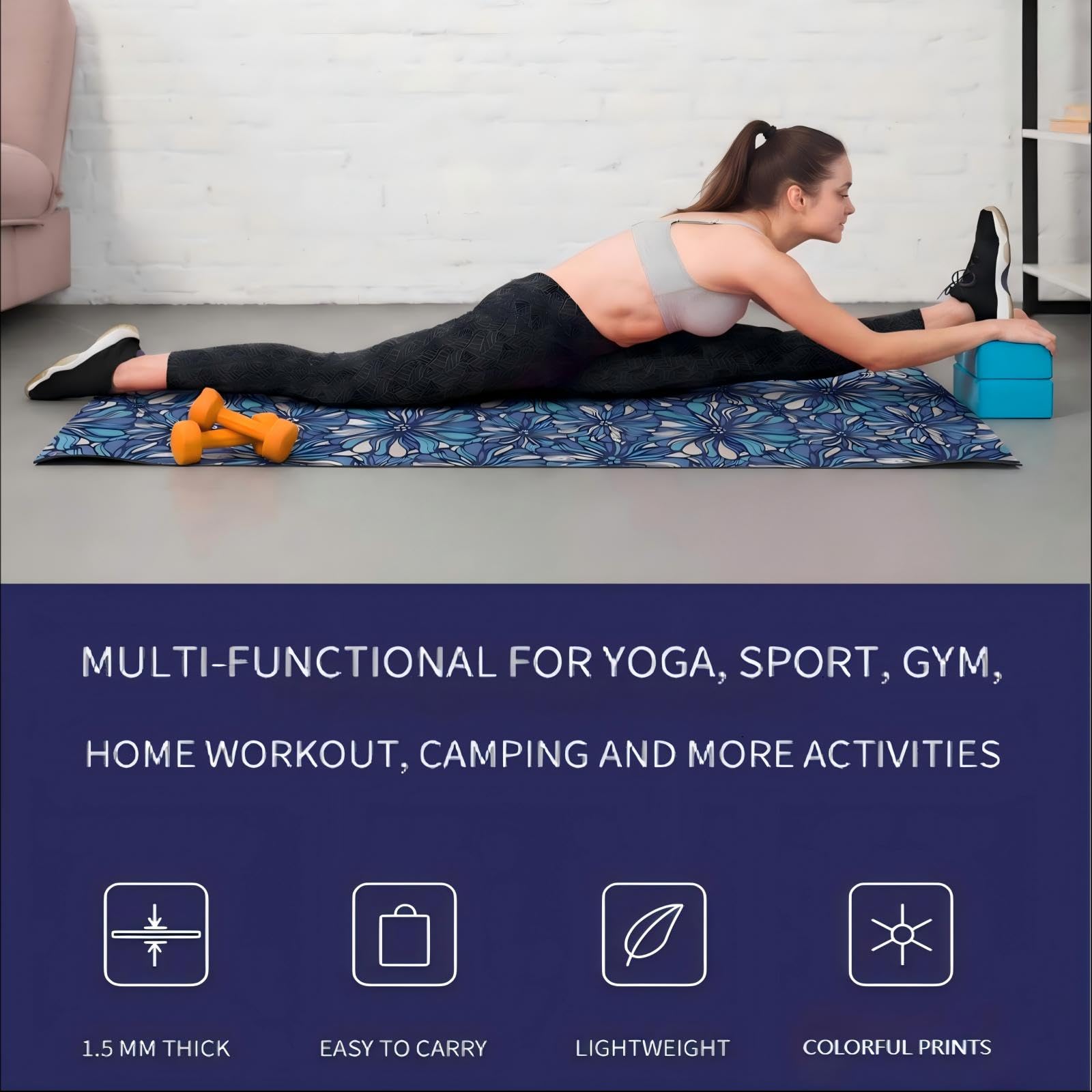 Tappetino Yoga Pieghevole da Viaggio, Fitness Antiscivolo per Allenamento Yoga e Pilates, 183x61 cm, Spessore 1,5 mm