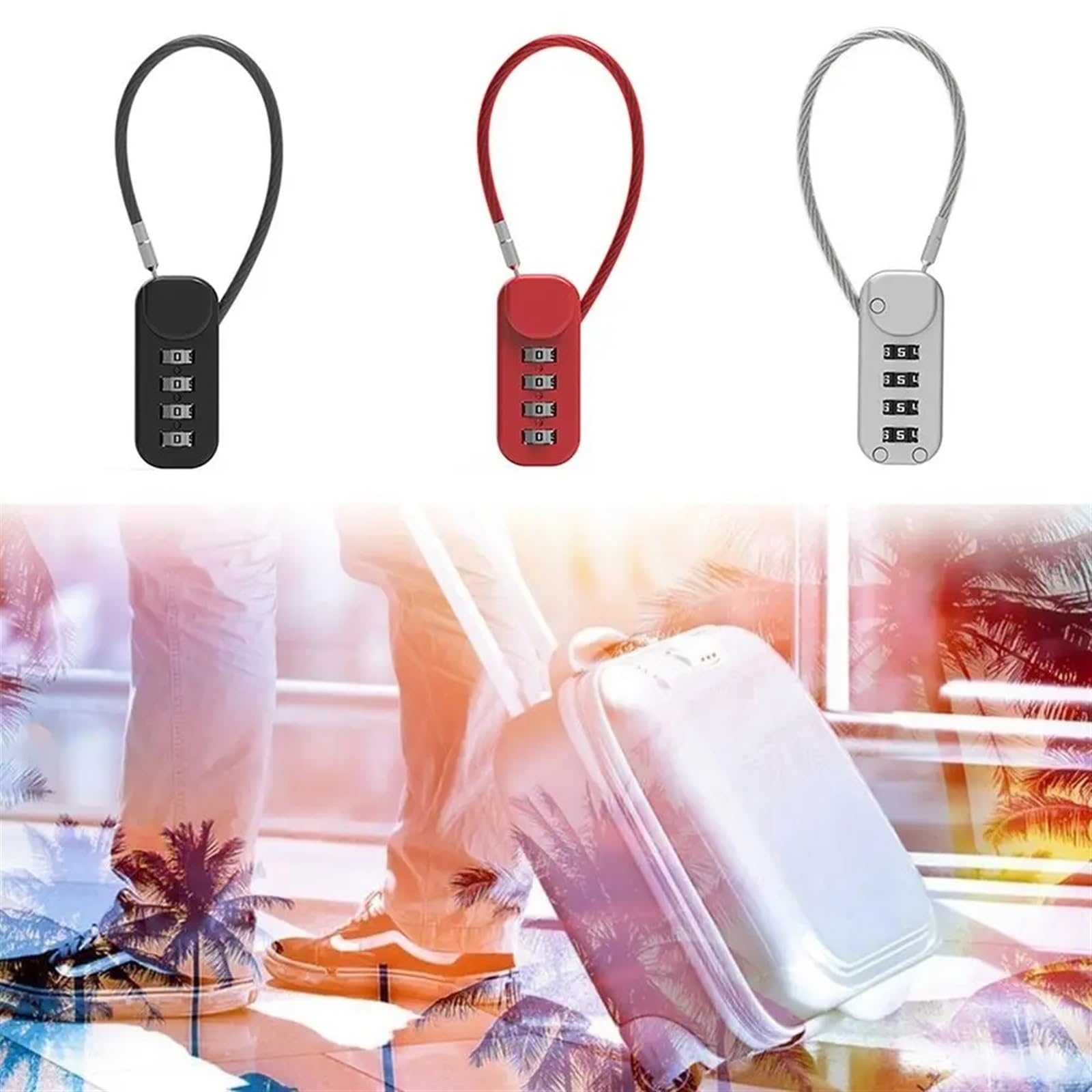 Candado con contraseña de cable de acero portátil for equipaje de viaje, mochila, candado con cremallera, candado con código de 4 dígitos for dormitorio, 1 unidad(Black)
