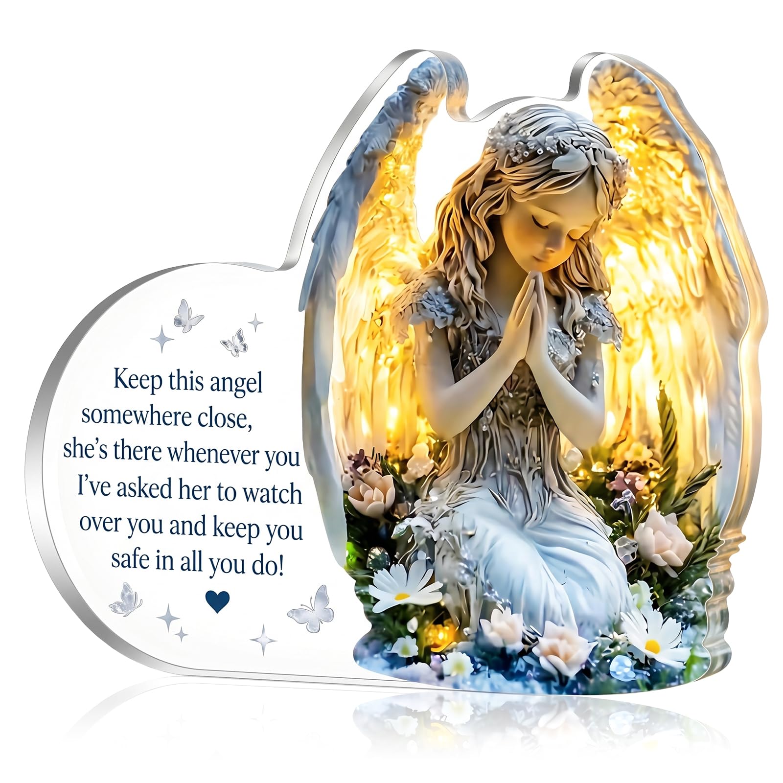 Prayer Angel Ornament, 2D Acrylic Figure with Blessings Sentence & Angel Wings, Delicate Angels Plaque for Garden, Tabletop and Bedroom Decor, Healing Guardian Angel Gifts for Women & Girls