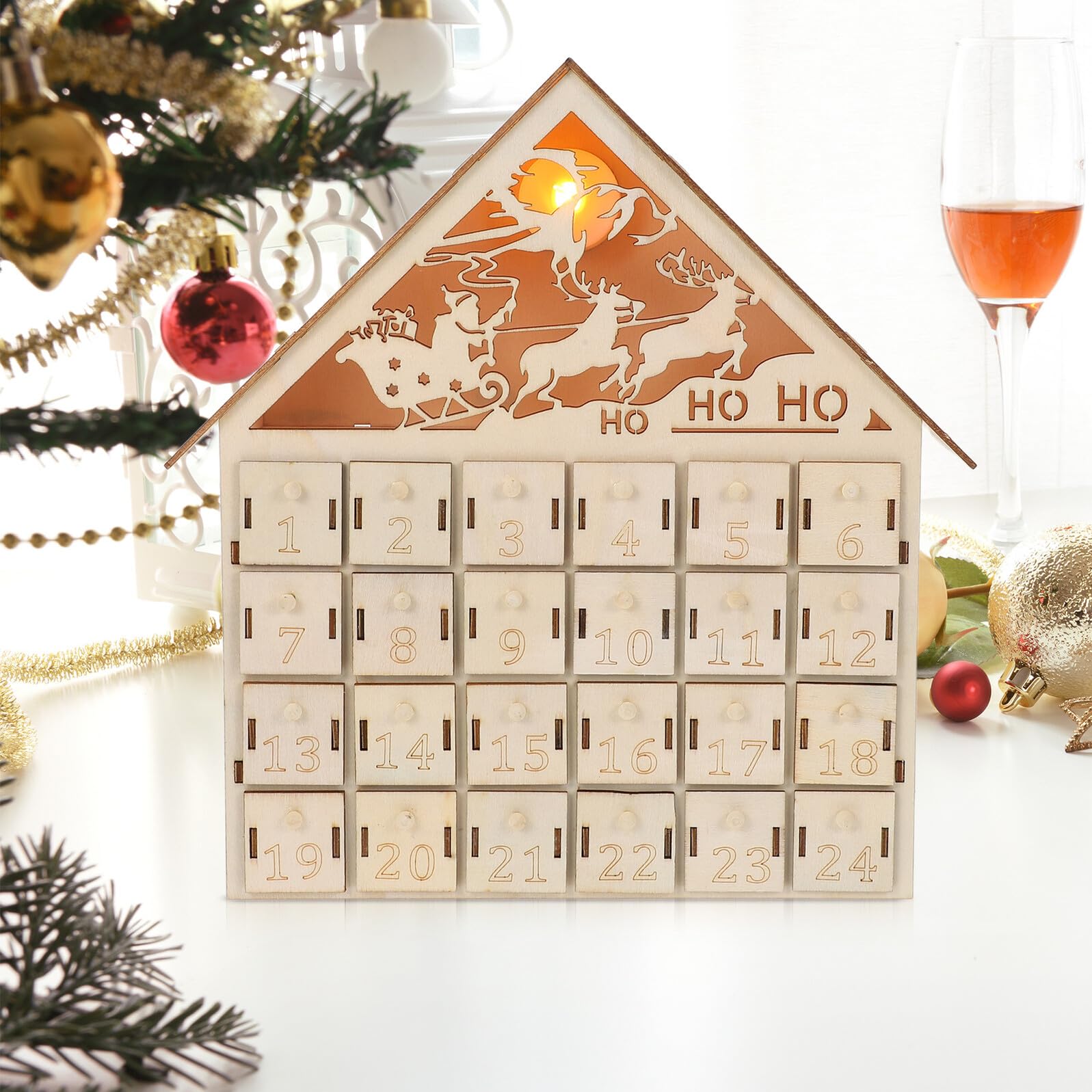 Weihnachtlicher Adventskalender aus Holz mit Led-beleuchtet Wiederverwendbar Energiesparende Beleuchtung Rustikale Tischdekoration für Festliche Familien-countdowns