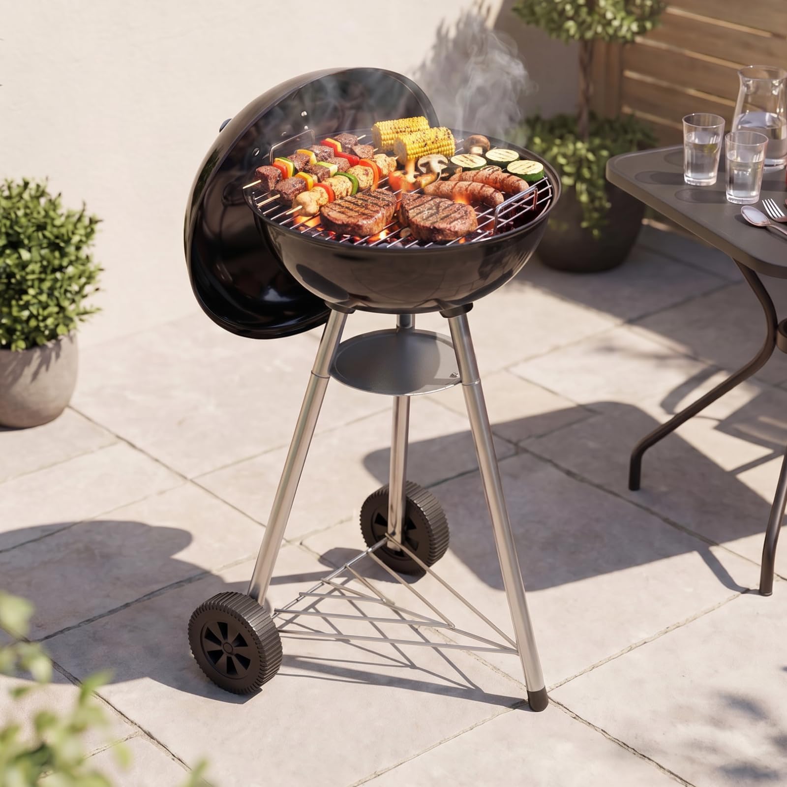 Aoxun 47 cm Kettle Charcoal BBQ, Chrome‑Plated Cooking Grate & Charcoal Grate, Detachable Ash Catcher, Storage Shelf, Enamel Fire Bowl, Mobile Charcoal Barbecue for Garden, Patio, Balcony, Camping