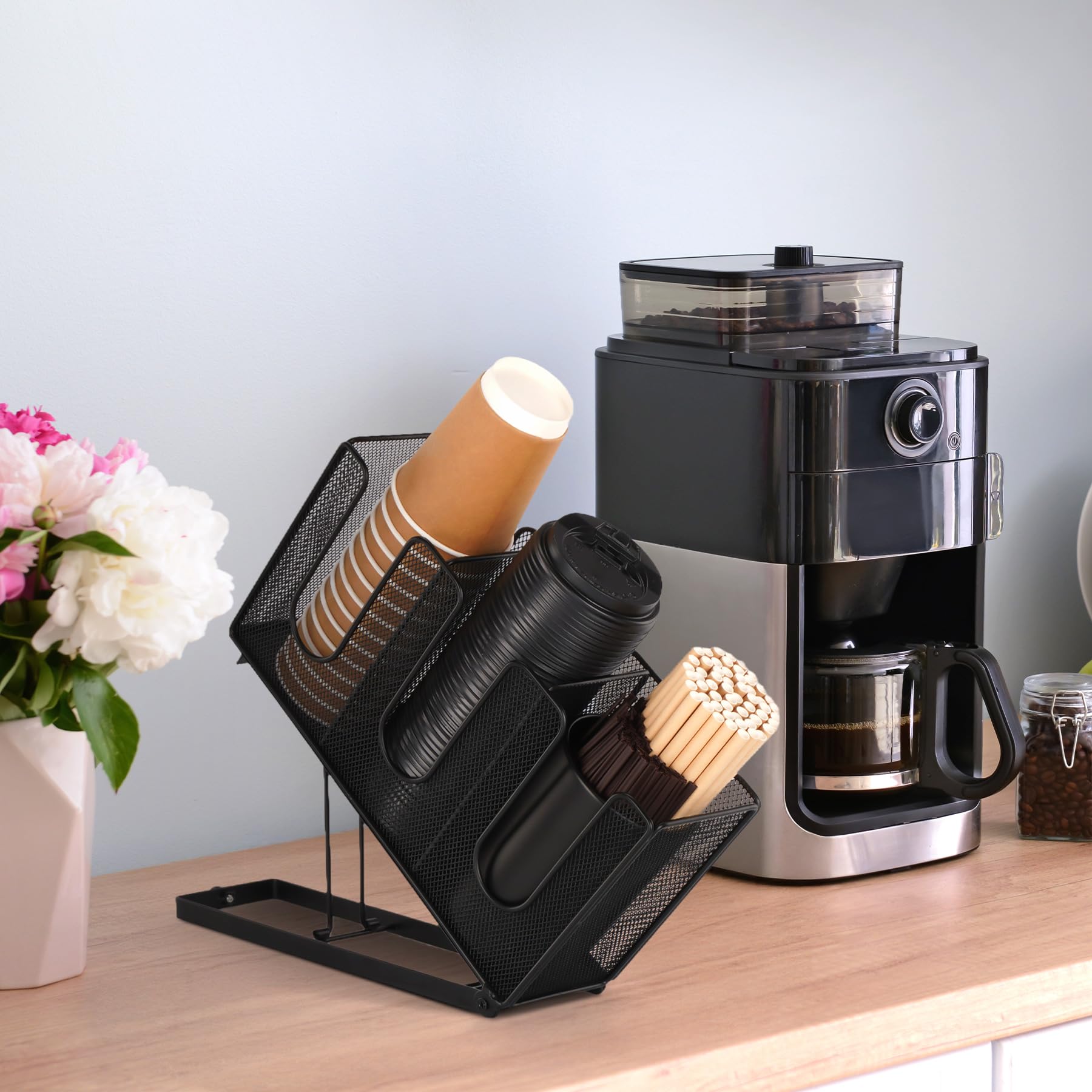 Porta tazze di carta e coperchio, porta tazze da caffè usa e getta con organizer per cannucce, dispenser per tazze da caffè in metallo, per piano di lavoro, caffetteria, bar, ristorante,