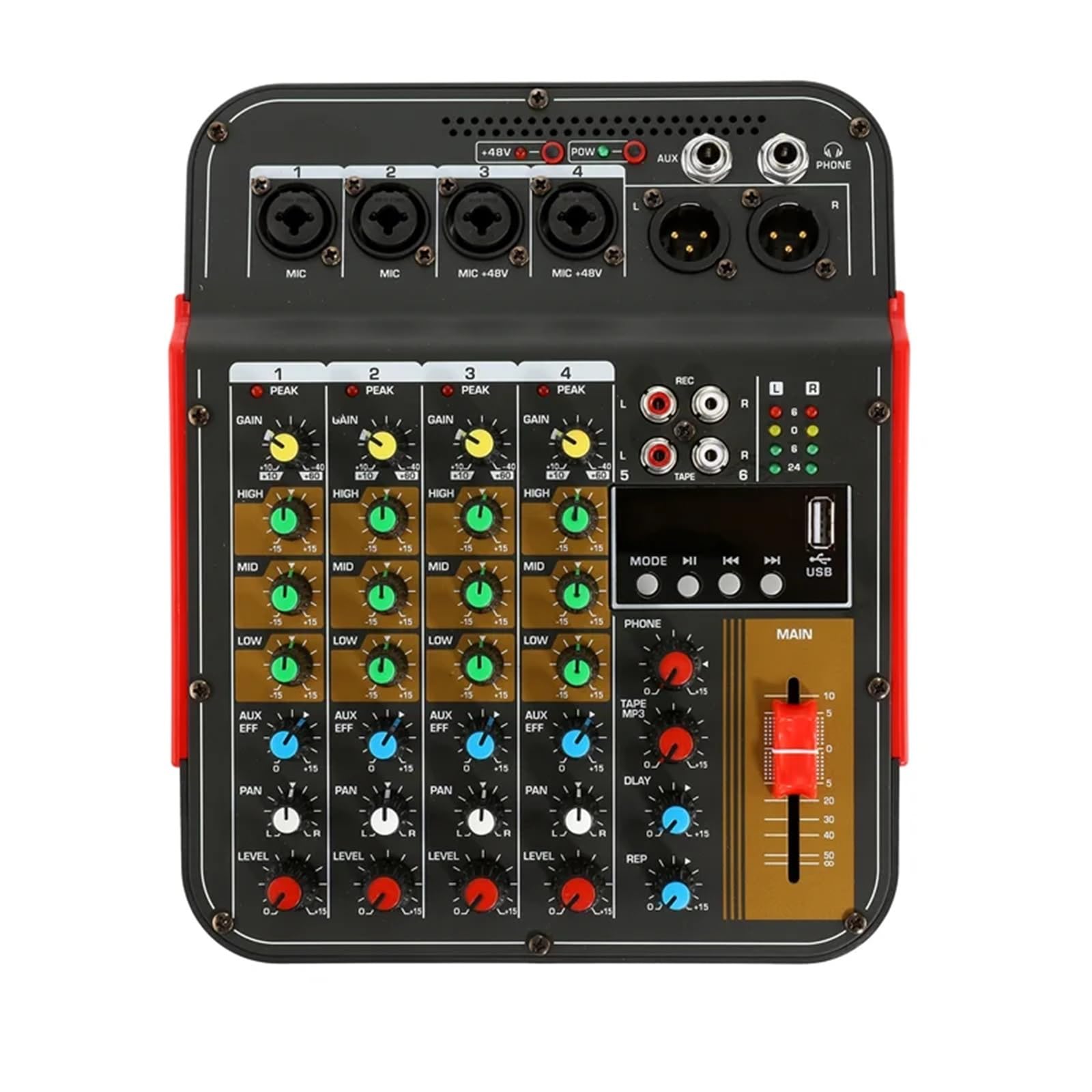 Controlador de DJ, Mezclador de Audio 6 canales, for conferencias al aire libre, USB, procesador con reverberación, cantar en vivo tarjeta sonido(Plug)