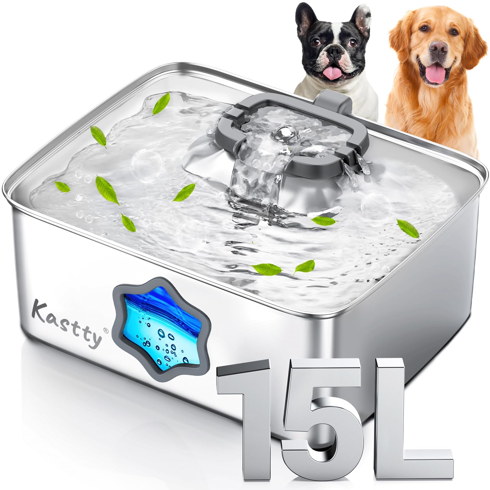 Kastty 15L/4 Gal Hund Wasserbrunnen, 5-stufige Filtration Edelstahl Hund Wassernapf Spender, Super Leise Haustier Wasserbrunnen, mit Wasserfenster & LED, für Große Hunde und Multi-Pet(FS81)