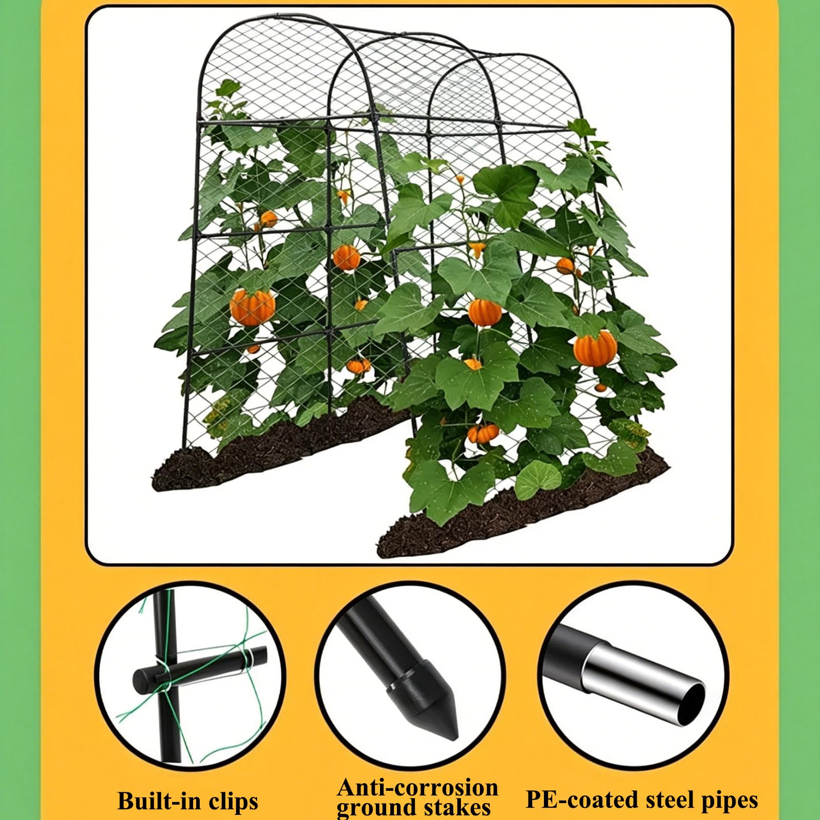 Gurken Rankhilfe 124x180x220cm, Stahlrohr Garten Rankgitter, mit Ranknetz & Klemmen, multifunktionale Pflanzenstütze für Kletterpflanzen, Tomaten, Gemüse, Blumen, Outdoor Garten Rankstütze (Schwarz)