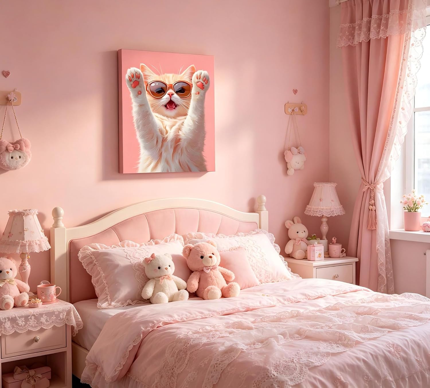 Funny Cat Canvas Wall Art Pink Girls Room Wall Decor Picture Cute Cat Poster Prints for Bedroom Living Room Kitchen Bathroom Home Decoration 16x24in image 2