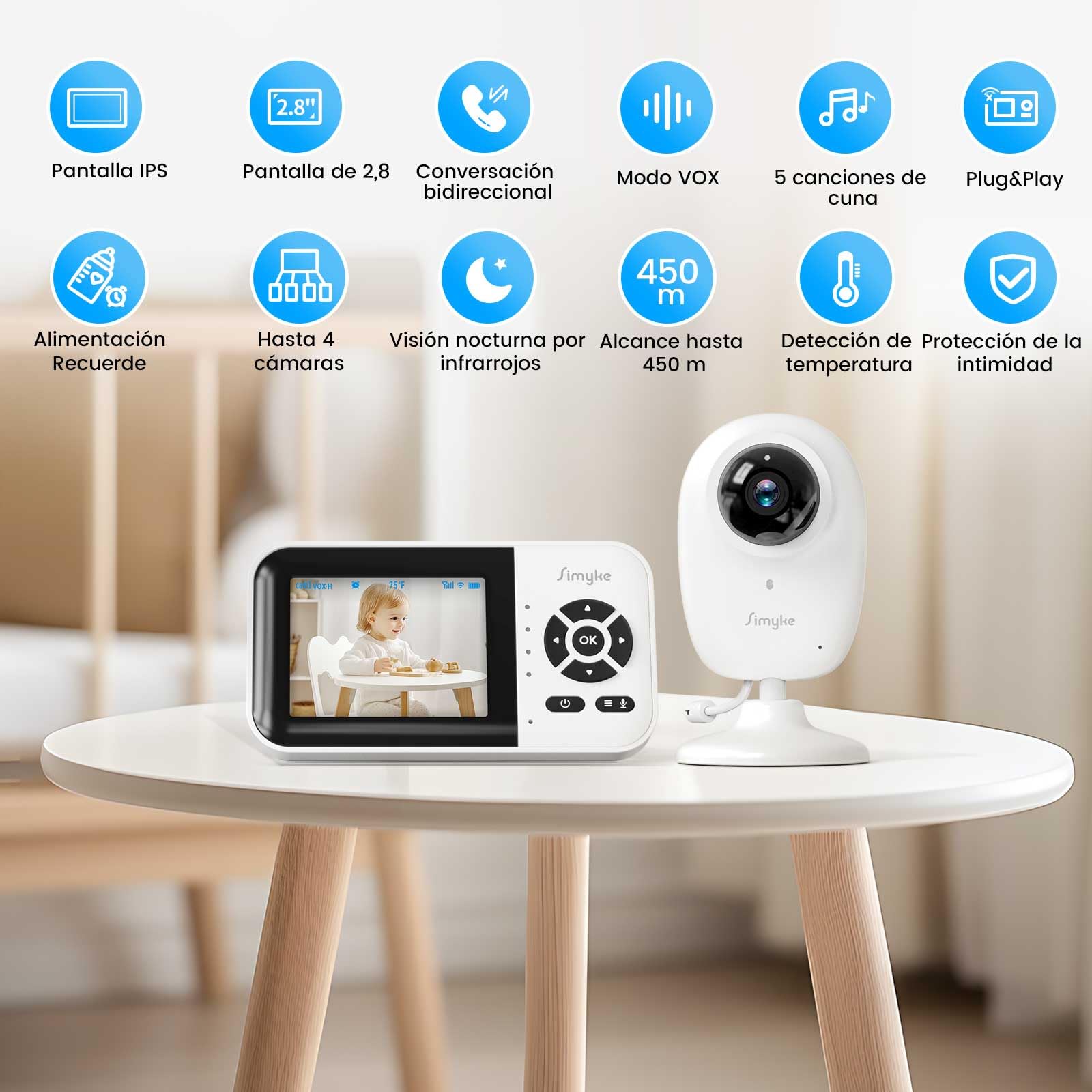 Monitor de Bebé Inteligente con Cámara y Audio, Modo Doble, Interruptor WiFi, Pantalla de 2.8 Pulgadas, App, Cámara 1080p, Alcance de 450 Metros, Visión Nocturna, Comunicación Bidireccional