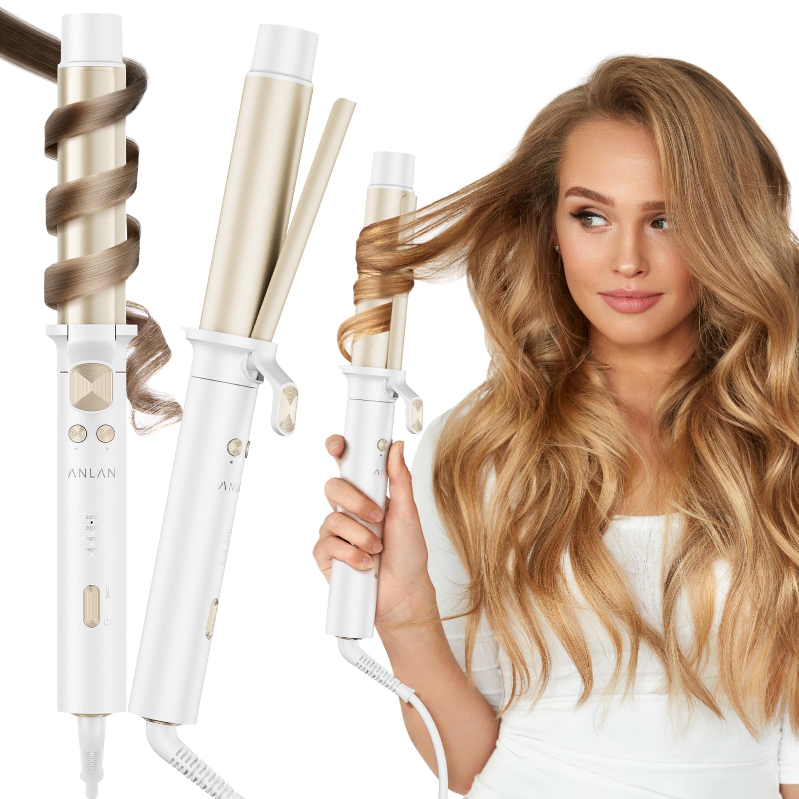 ANLAN Boucleur a Cheveux, 32mm Créer de Grosses Boucles, Contrôle de la Température à Quatre Niveaux (160-220 °C) Fer a Friser en Céramique, Tige Chauffante Extra-Longue 12 cm Chauffage Rapide