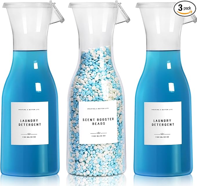 Laundry Detergent Dispenser Bottle 40oz with Waterproof Label for Detergent, Soap, Fabric Softener, Scent Booster Beads, Sturdy PET Bottle for Laundry Room Decor 3 Pack