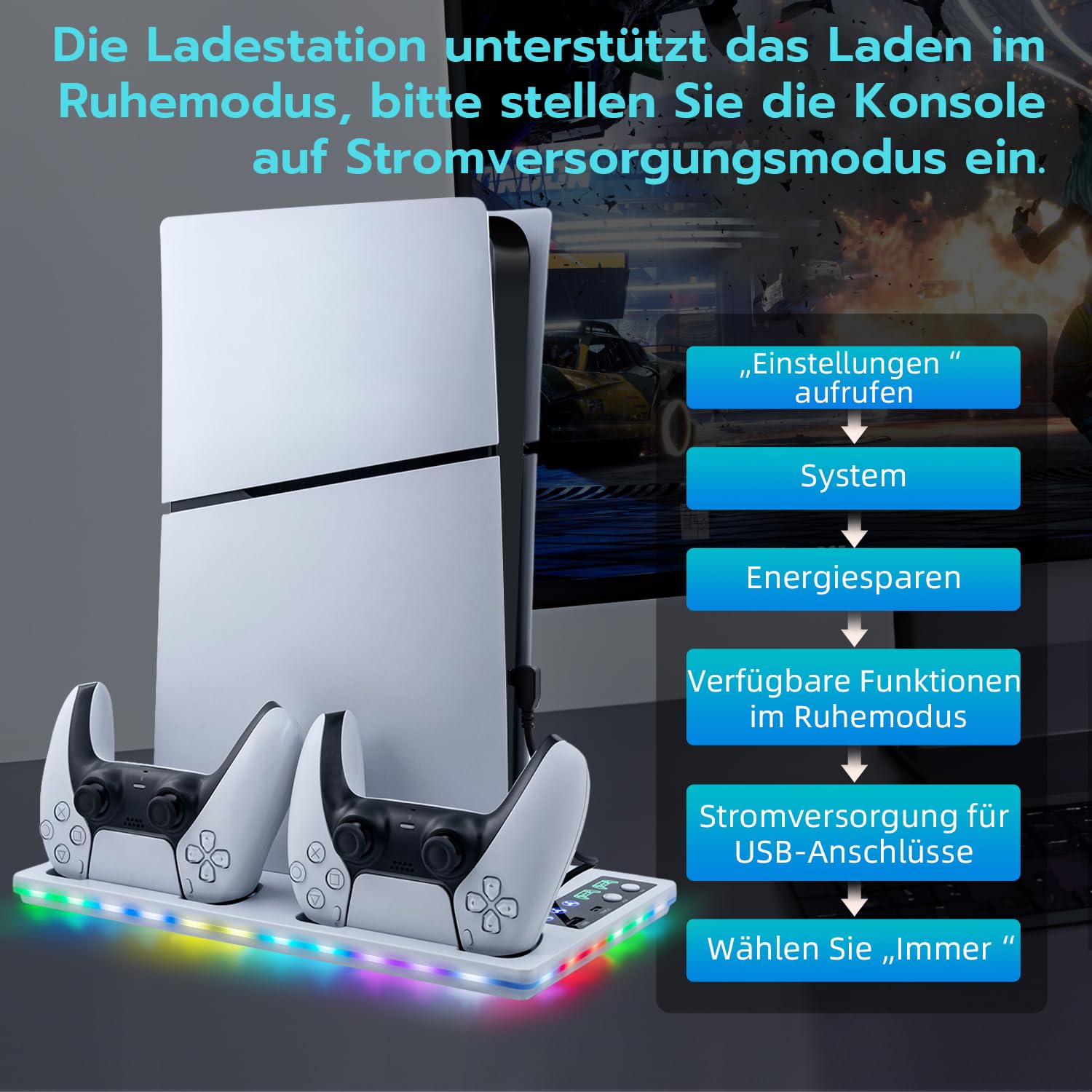 Wigearss PS5/PS5 Slim/PS5 Pro Kühler Standfuß mit Dual Controller Ladegerät, PS5 Controller Ladestation Standfuß mit Lüfter, RGB Licht für PS5/PS5 Slim/PS5 PRO UHD/Digital Edition