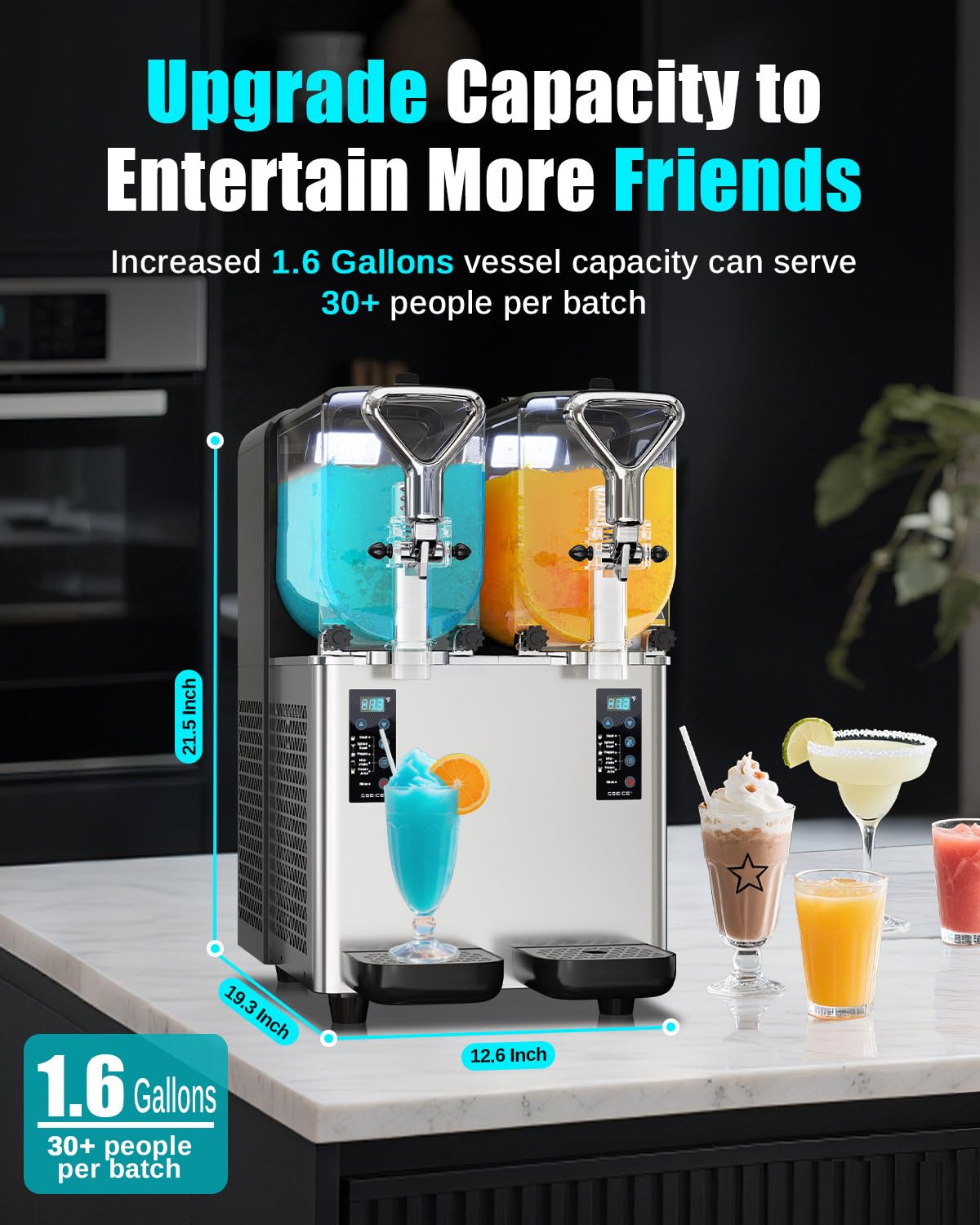 GSEICE Dual Tank Slushie Machine 1.6 Gal (6L) Commercial & Home Use, 500W High Power Ice-Free Margarita Maker for Parties/Bars/Restaurants, Double Barrel Fast Freeze Machine with Quick Cooling System