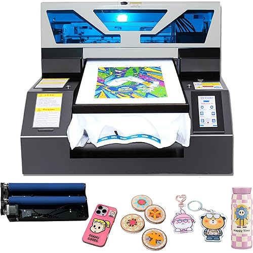 UV Printer, A3 L1800 UV DTG Printer T-Shirt Machine, Multifunctional UV Flatbed Printers with Bottle Holder for Bottles T-Shirt Acrylic Phone Case Crystal Glass Leather Metal Wood