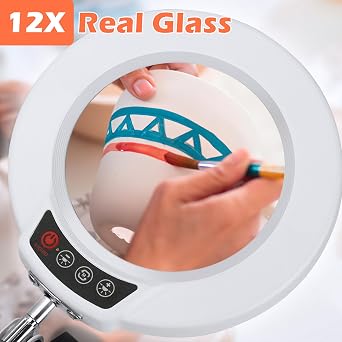12X Magnifying Glass with Light and Stand, Real Glass Lens Desk Lamp, Lighted Magnifier with Light Stepless Dimming Hands Free for Craft, Reading, Painting, Sewing, Solder - White