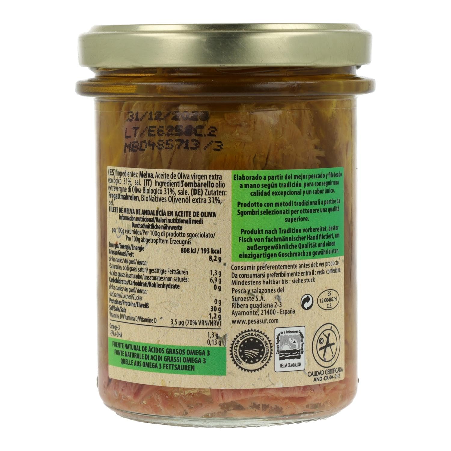 Filetes de melva de Andalucía en tarro de cristal Pesasur, 195 g