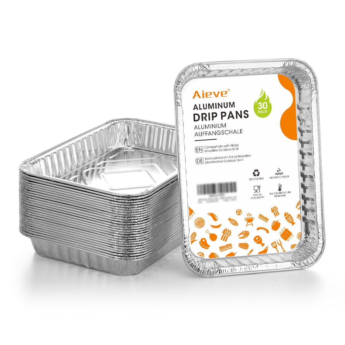 AIEVE Accessories for Ninja Woodfire Outdoor Grill, Aluminium Foil Pans Food Containers Foil Trays for BBQ, Baking, Cooking, Freezing, Storing (30 Pack)