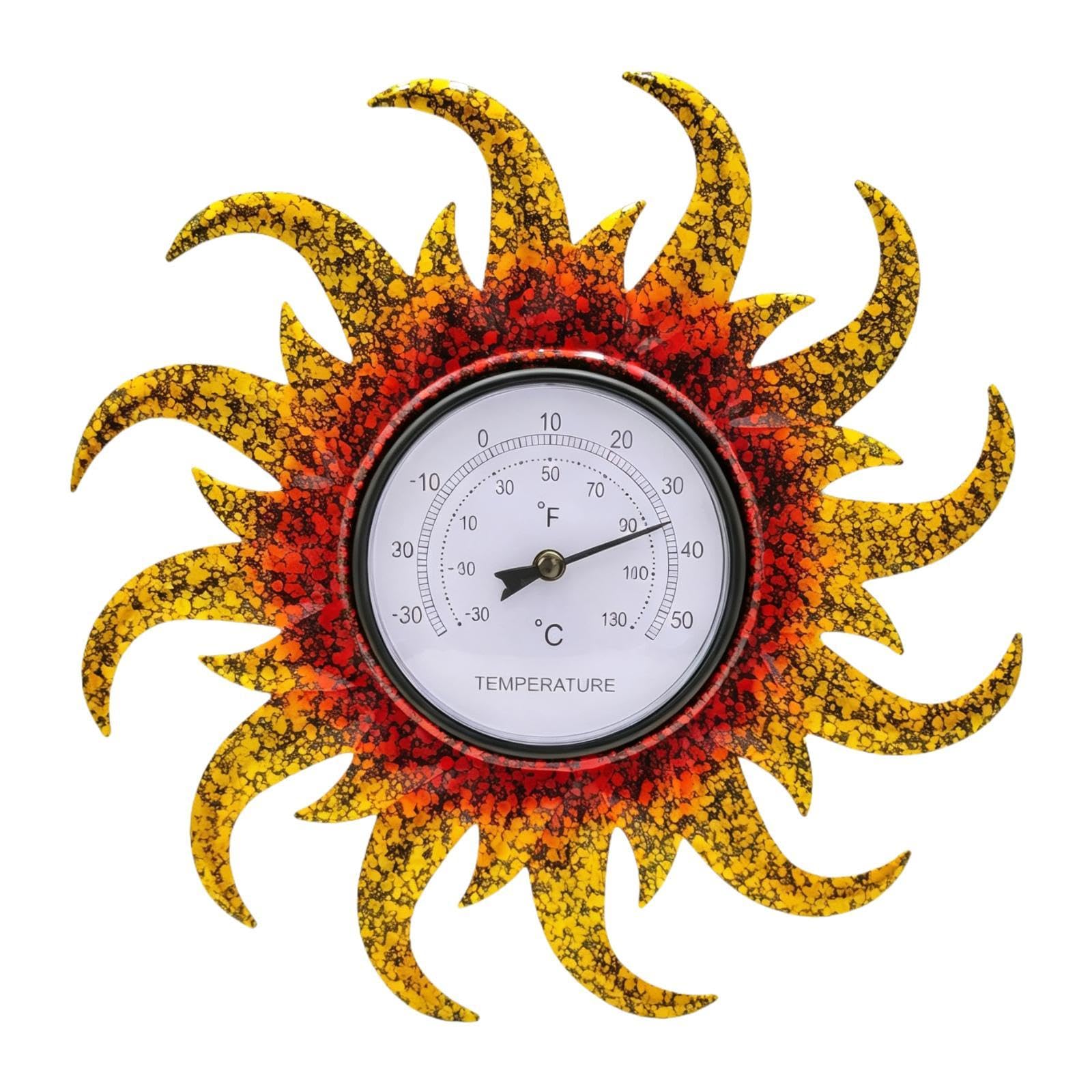 KESOTO Termometro da esterno decorativo in ferro, diametro 38 cm, ornamento decorativo da esterno a forma di girasole, termometro da parete per balcone e, a