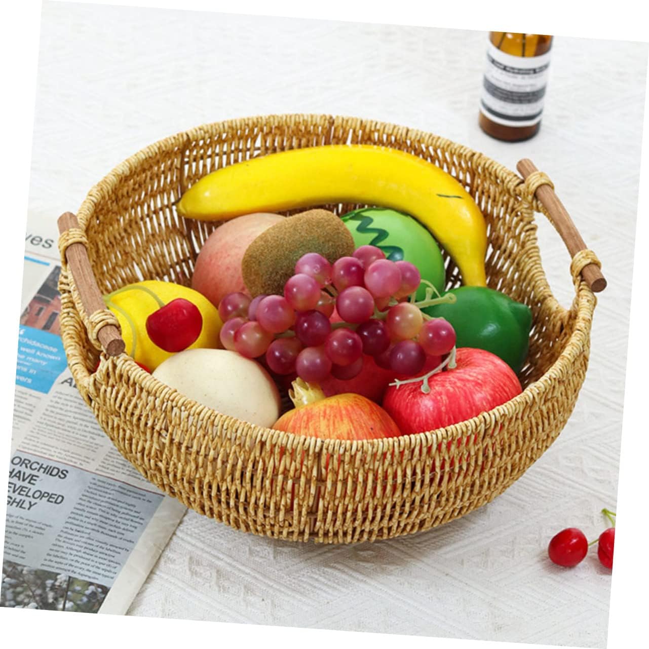 Woven Storage Basket with Double Handles Hand Woven Picnic Basket for Home Organization Rustic Imitation Rattan Design for Storing Sundries and Eggs Decorative Desktop Accessory