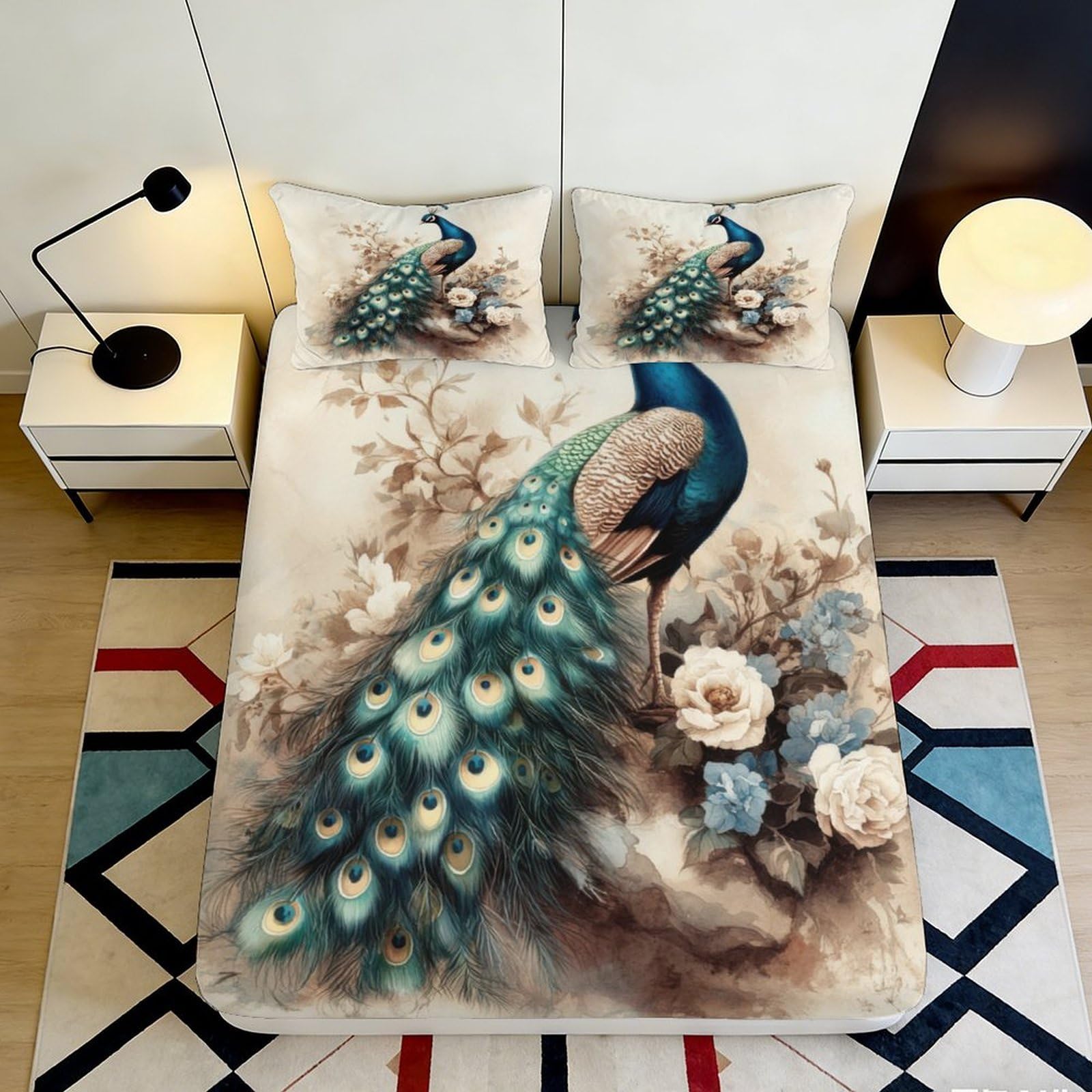 Kzqnxhjprl Style-3 3D Printed Peacock Floral Fitted Sheet Microfiber Soft Anti-Slip Mattress Cover For Bedroom Guest Room Home Decor 90X200x25cm