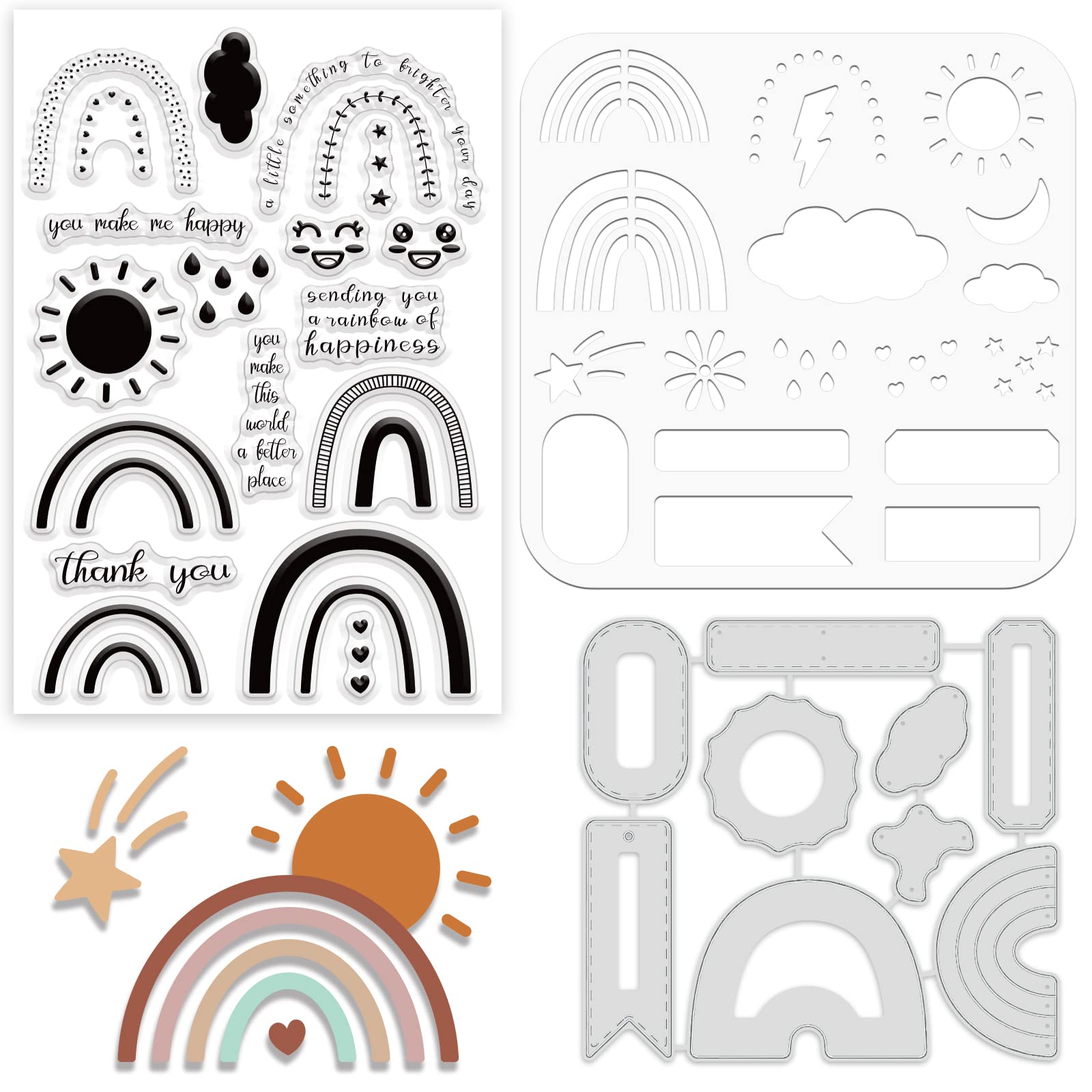 Sellos y troqueles de nubes y arcoíris ORIGACH con plantillas de capas para tarjetas y álbumes