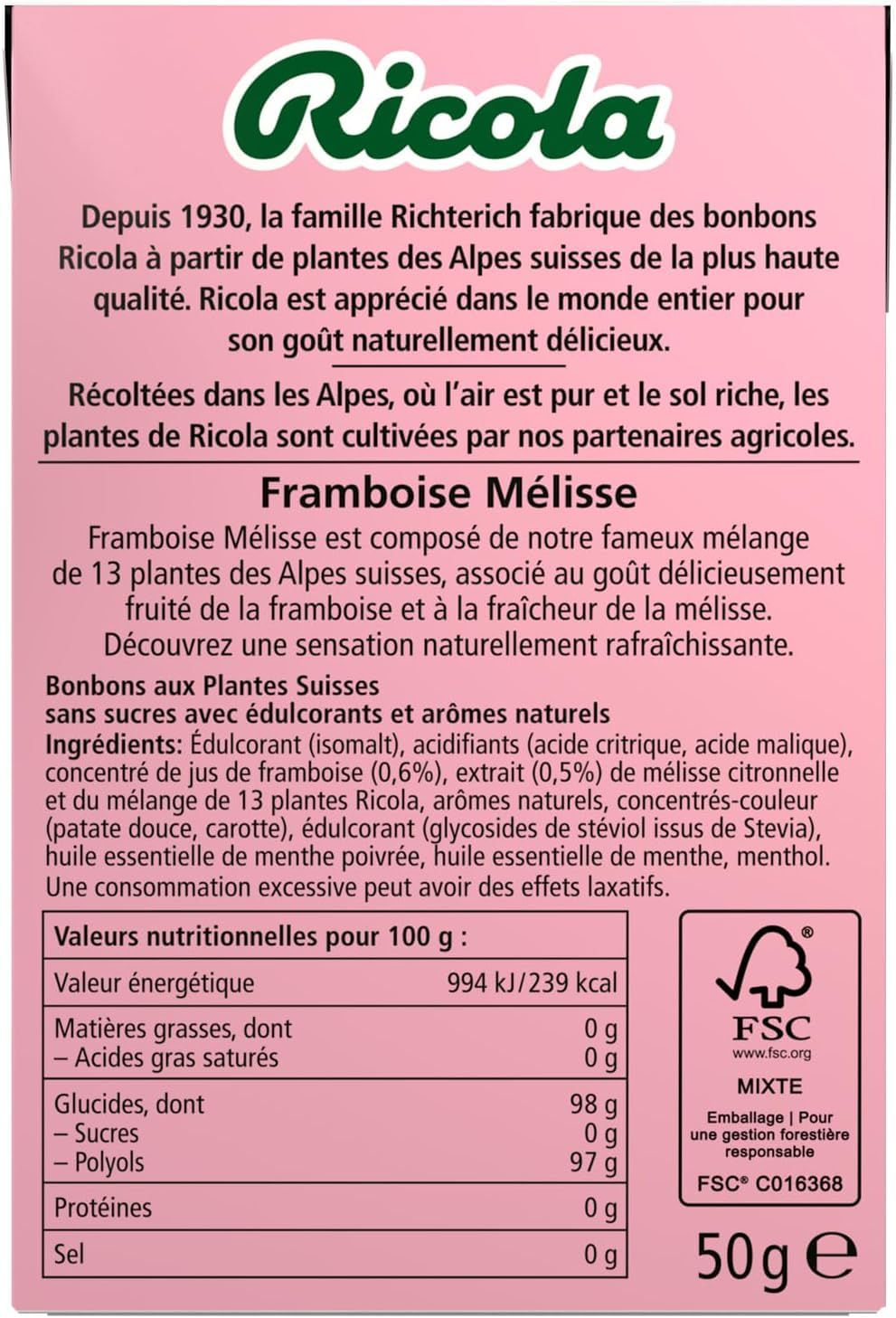 Italian Gourmet Schweizer Alpenkräuter Bonbons Zuckerfrei – Himbeere & Melisse – 20x50g Vorratspack – Kräuterpastillen für Hals & Atem – einzeln verpackt – praktische Großpackung