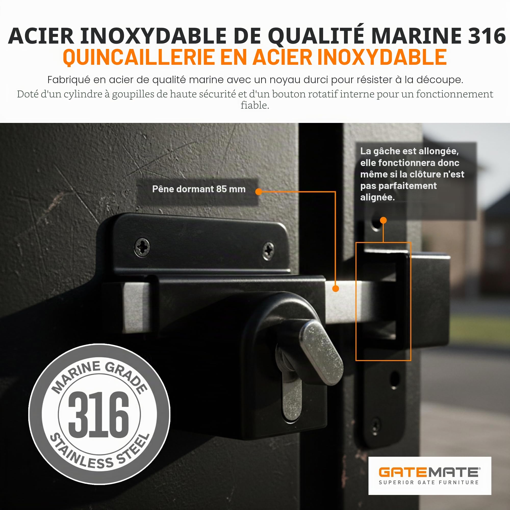 GateMate Serrure de portail à longue portée 1490106, profil européen pour abris de jardin, portails et portes de garage, clés extérieures et intérieures, en acier inoxydable 316, pour portails et