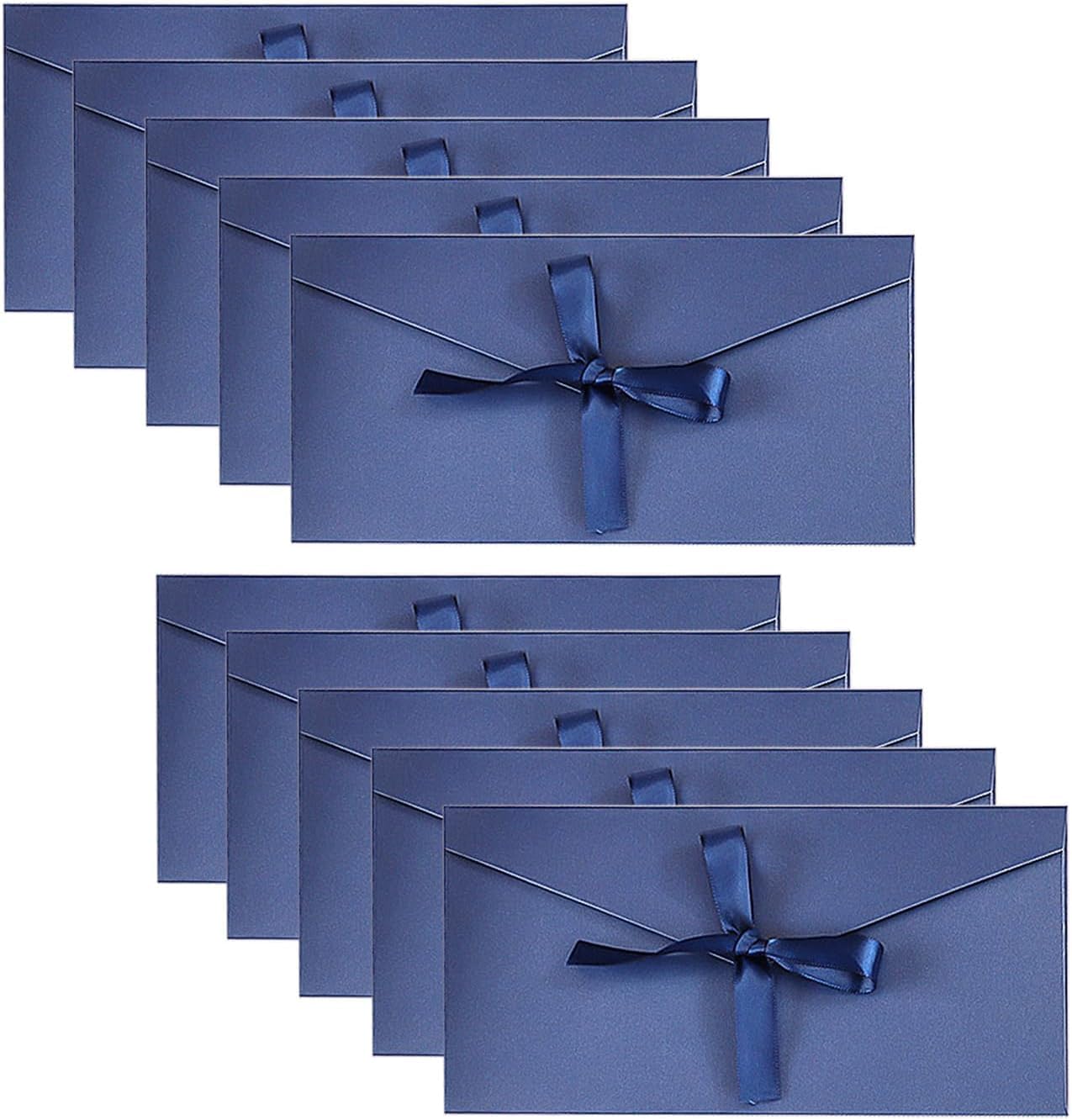10 Pack of Lake Blue Envelopes with Ribbons, Kraft Paper Ribbon Greeting Cards, Gift Envelope Bags, Invitation Envelopes for Festival and Party (22 * 11cm)