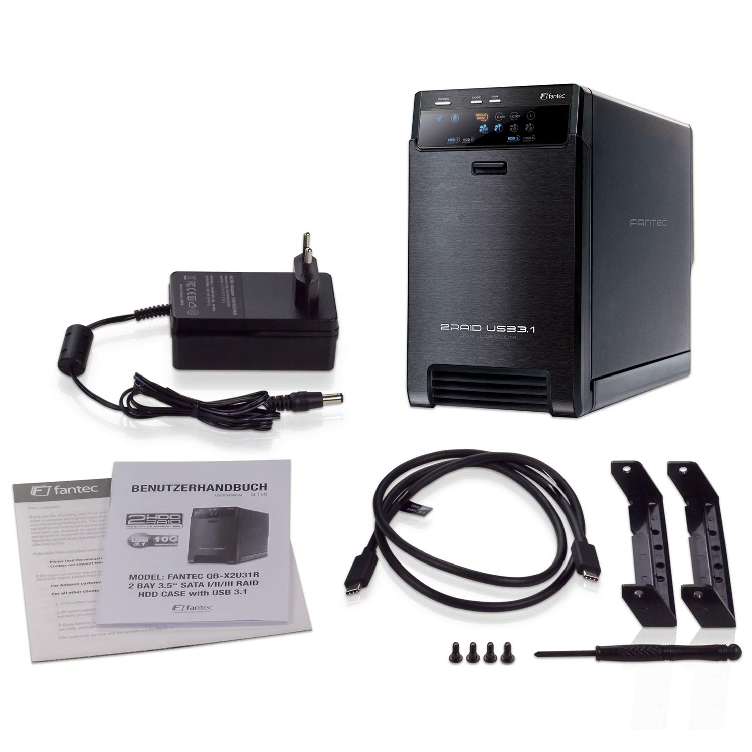 FANTEC QB-X2U31R USB3.2 Gen2 RAID Festplattengehäuse für 2x SATA 3,5/2,5 Zoll HDDs oder SSDs, Transferraten bis 10Gbit/s, RAID Funktion 0/1/Single, Lüfter Automatik, Kabel USB-C, Metall schwarz