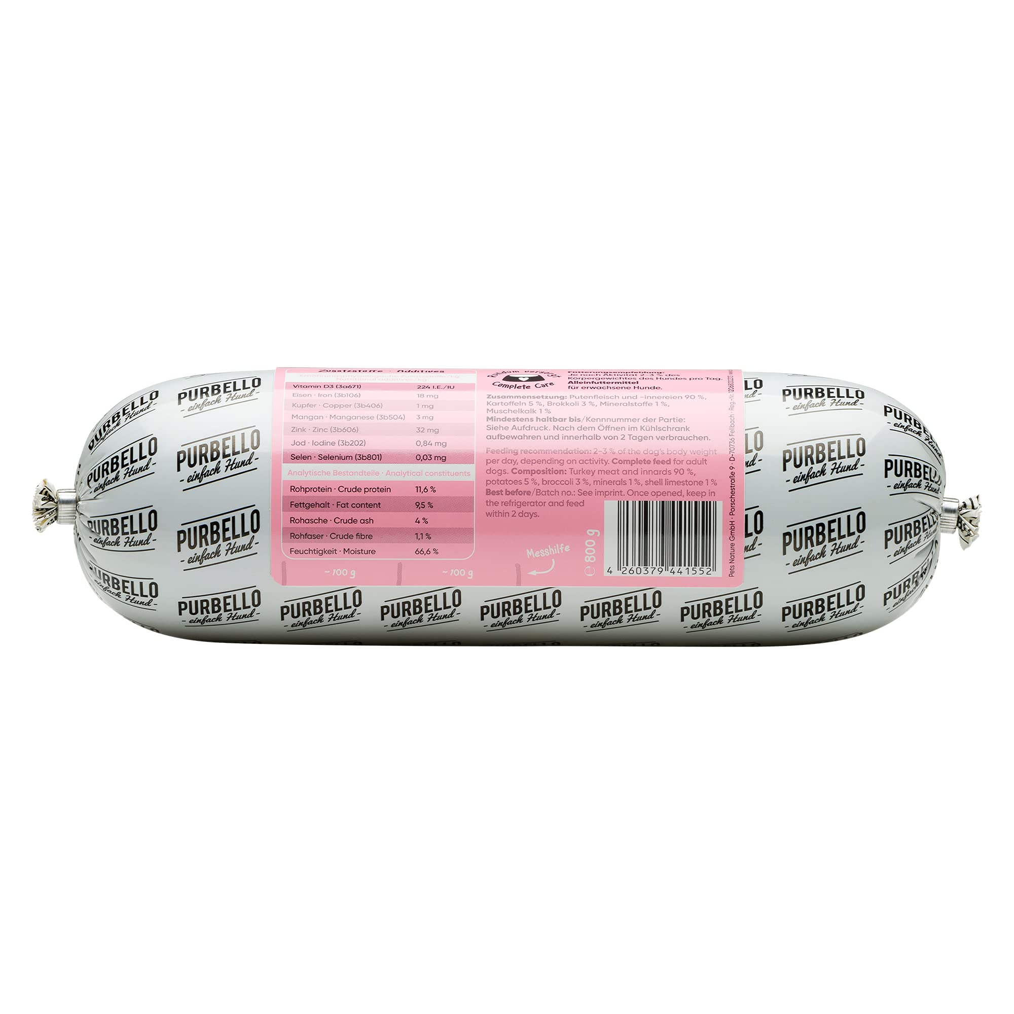 PURBELLO Rotolo di Tacchino con Broccoli e Patate, monoproteina, ad Alta Percentuale di Carne, per Cani, Resistente al Taglio e Senza Cereali, 8 x 800 g