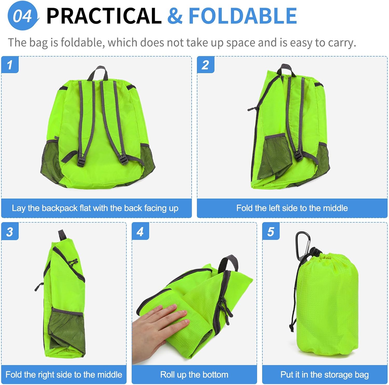 Hiking Backpack, 20L Packable Daypack for Men Women, Nylon with Adjustable Straps, Lightweight Waterproof Outdoor Camping Travel, Green - Image 5