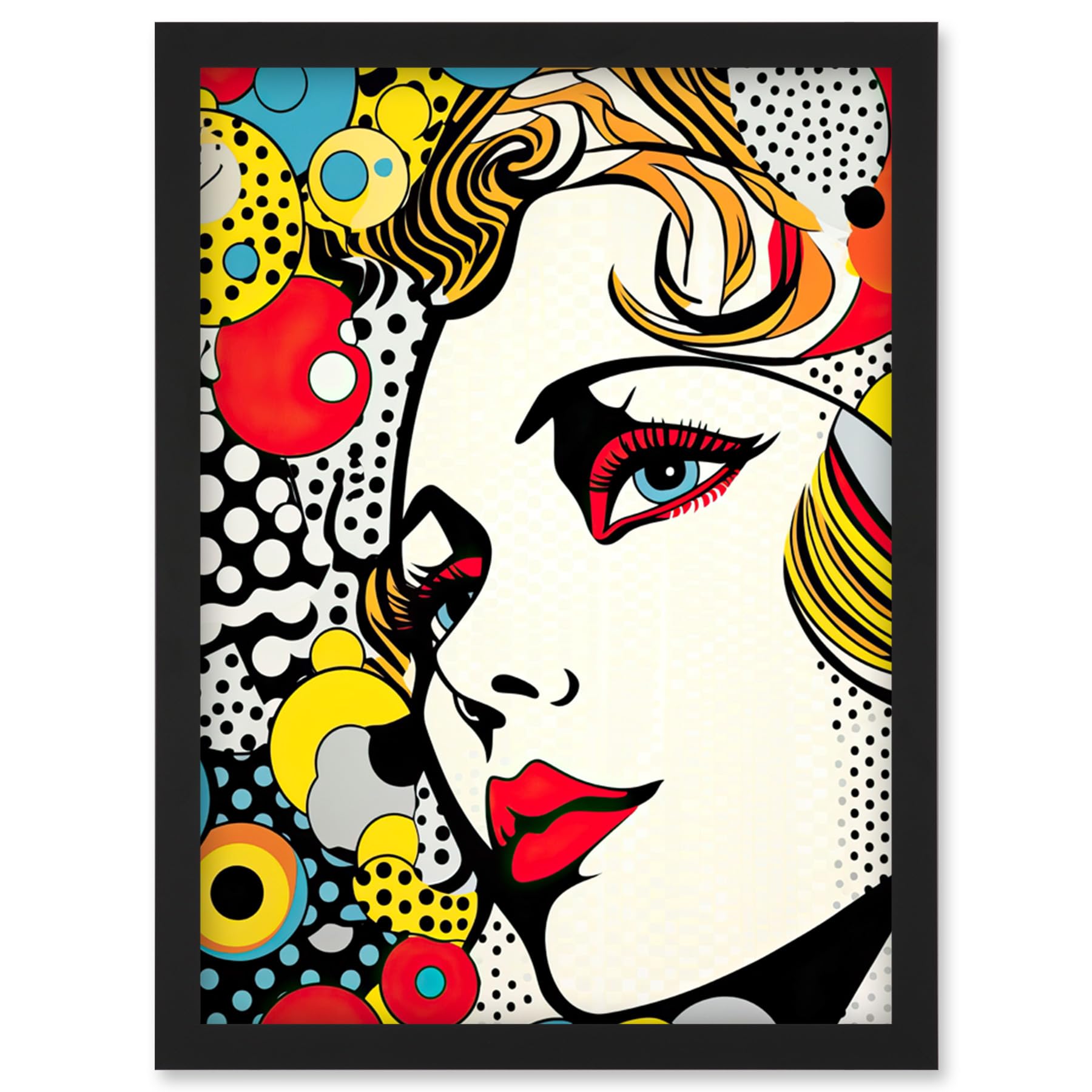 Artery8 Woman Face Geometric Patterns Bubbles Comic Book Style Pop Art Teen Room Halftone Artwork Framed Wall Art Print A4