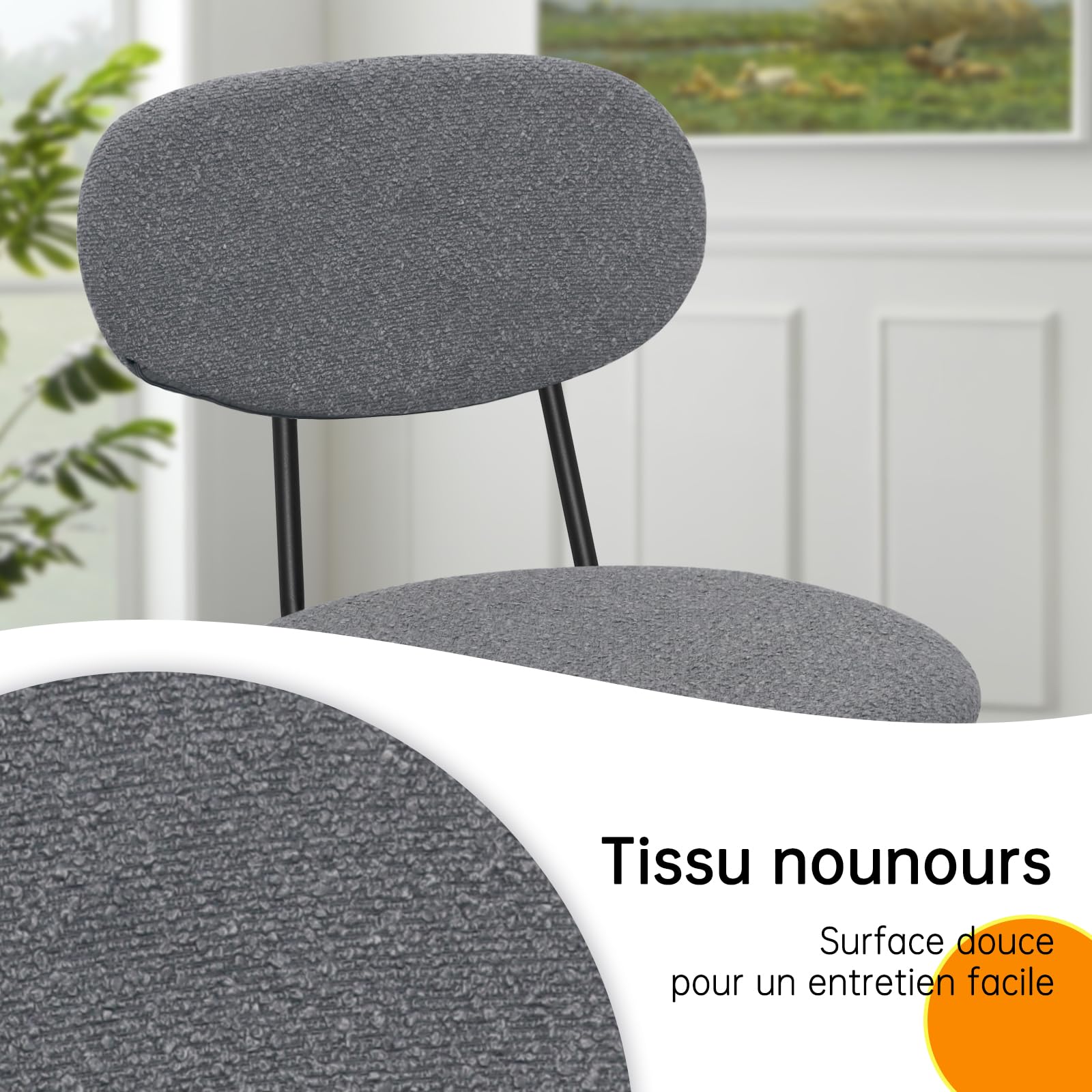 WAFTING Chaises de Salle à Manger Lot de 4, Chaise de Cuisine Empilables, avec Coussin en Tissu Teddy et Pieds Métalliques, pour la Salle à Manger, Cuisine, Salon, Chambre-Gris Foncé