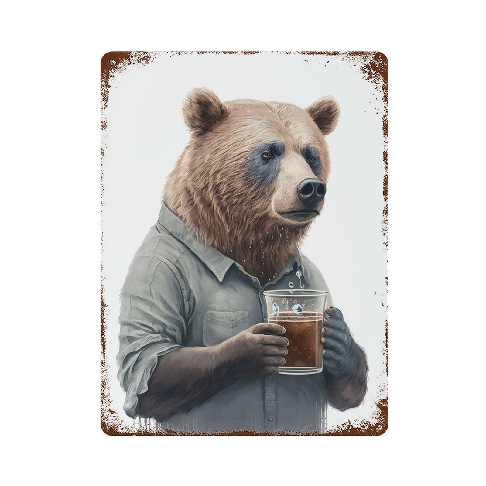 Rustic Tin Plaque Coffe Bear 15.7"x11.8", Vintage Wall Decor for Pub, Kitchen And Man Cave Decor