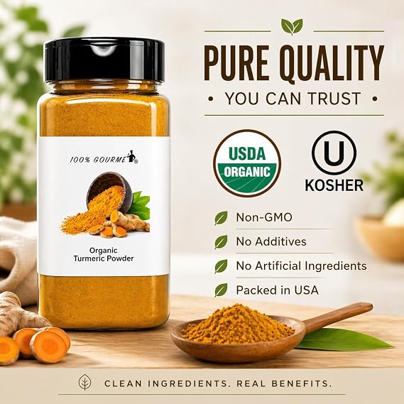 100% Gourmet Organic Turmeric Powder Golden Milk, Turmeric Tea & Cooking Spice, Warm Earthy Flavor, USDA Organic & Kosher Certified, Packed in USA